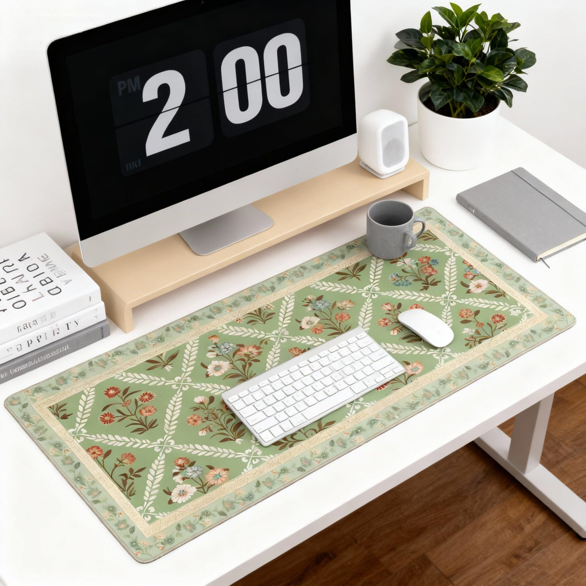 XXL Large Floral Mouse Pad - Sage Green Flower Desk Mat with Stitched Edges & Anti-Slip Base