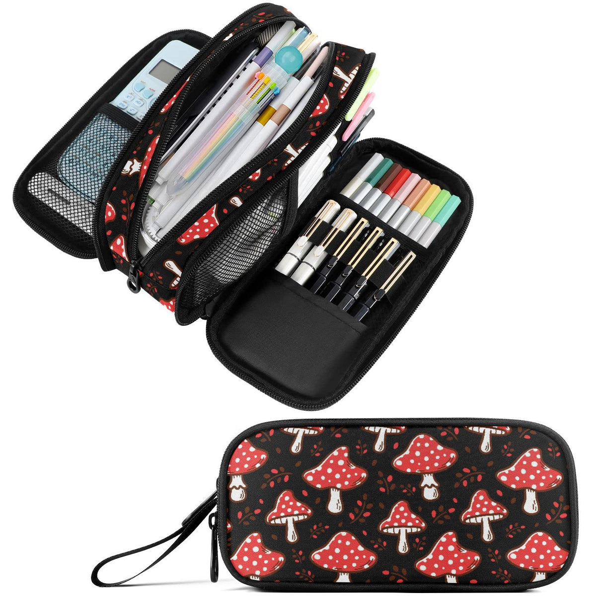 Fustylead Amanita Red Mushroom Pen Pencil Case Makeup Pouch Big Capacity Multi-Purpose Travel Bag