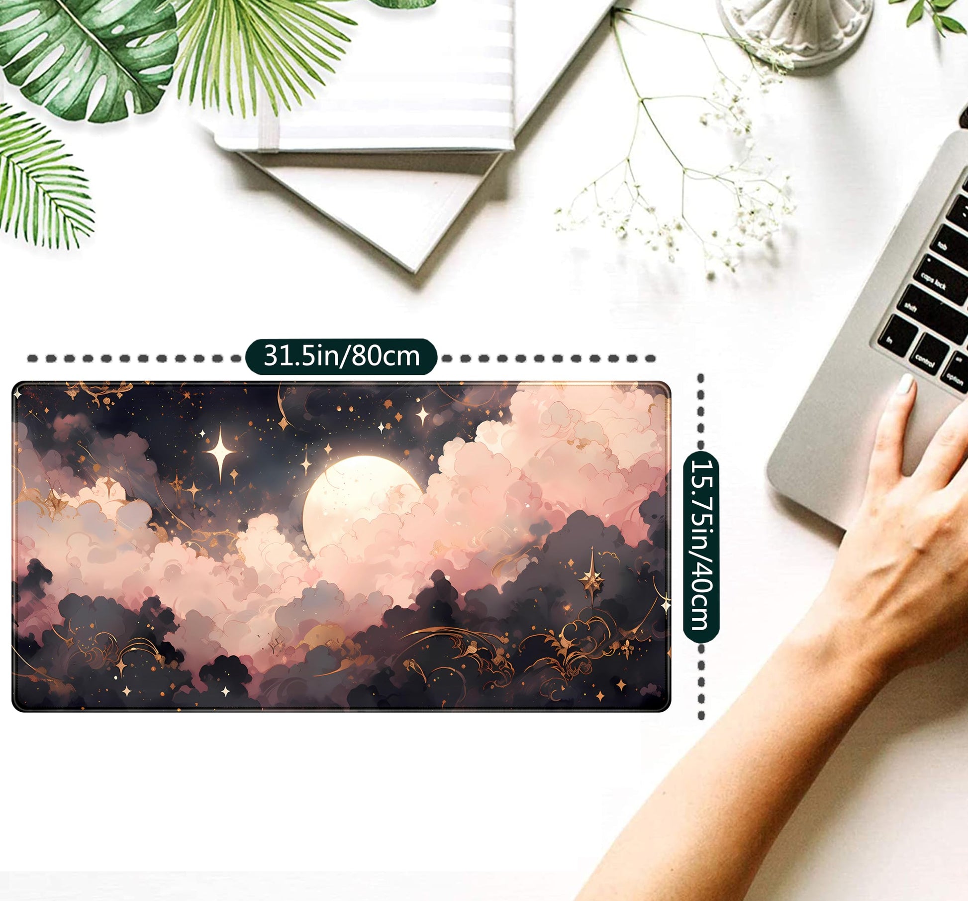 Pink Black Clouds Desk Mat XXL Large Extended Gaming Mouse Pad Celestial Mousepad with Stitched