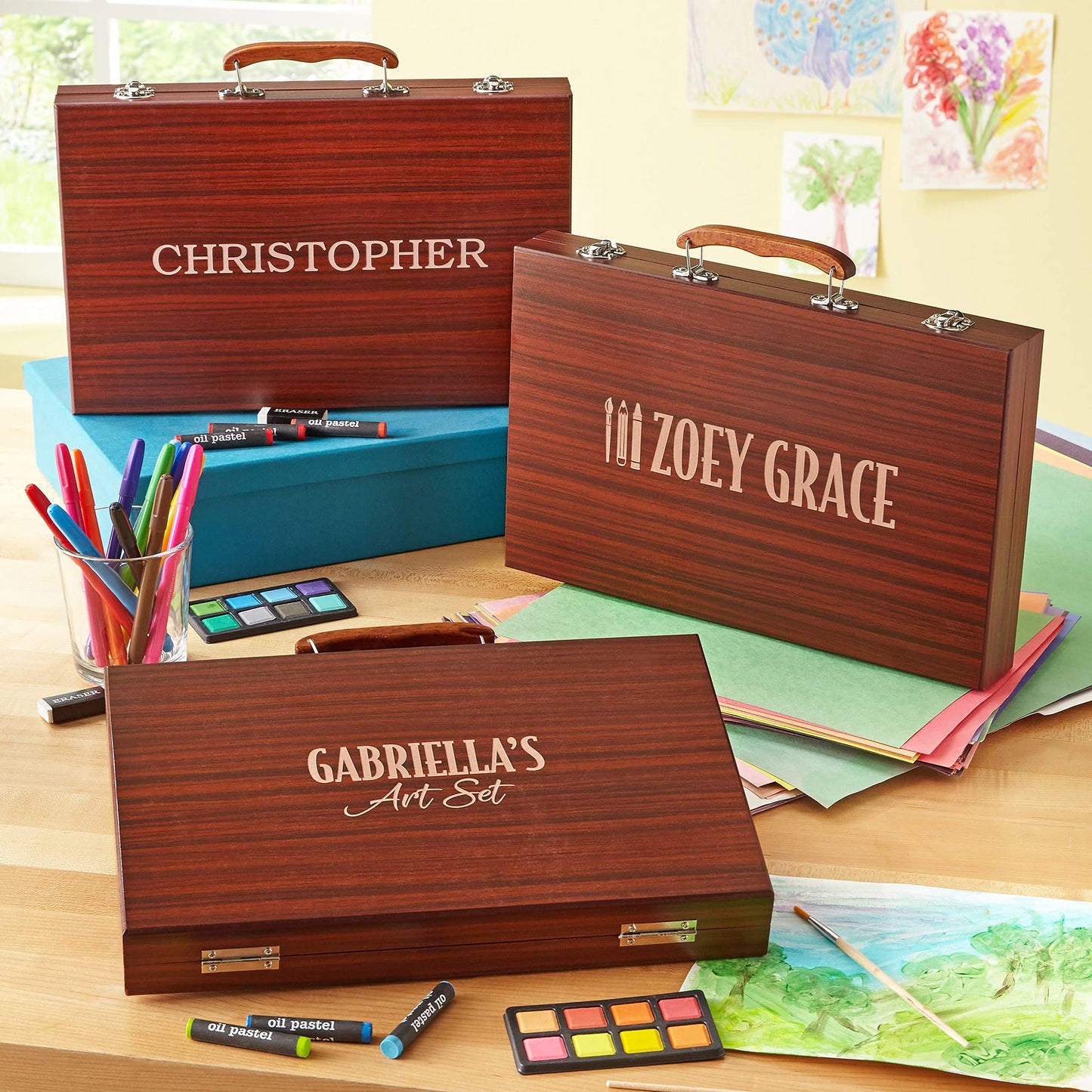 Let's Make Memories Personalized 80-Piece Deluxe Art Set - for Kids - Wood Carrying Case - Oil