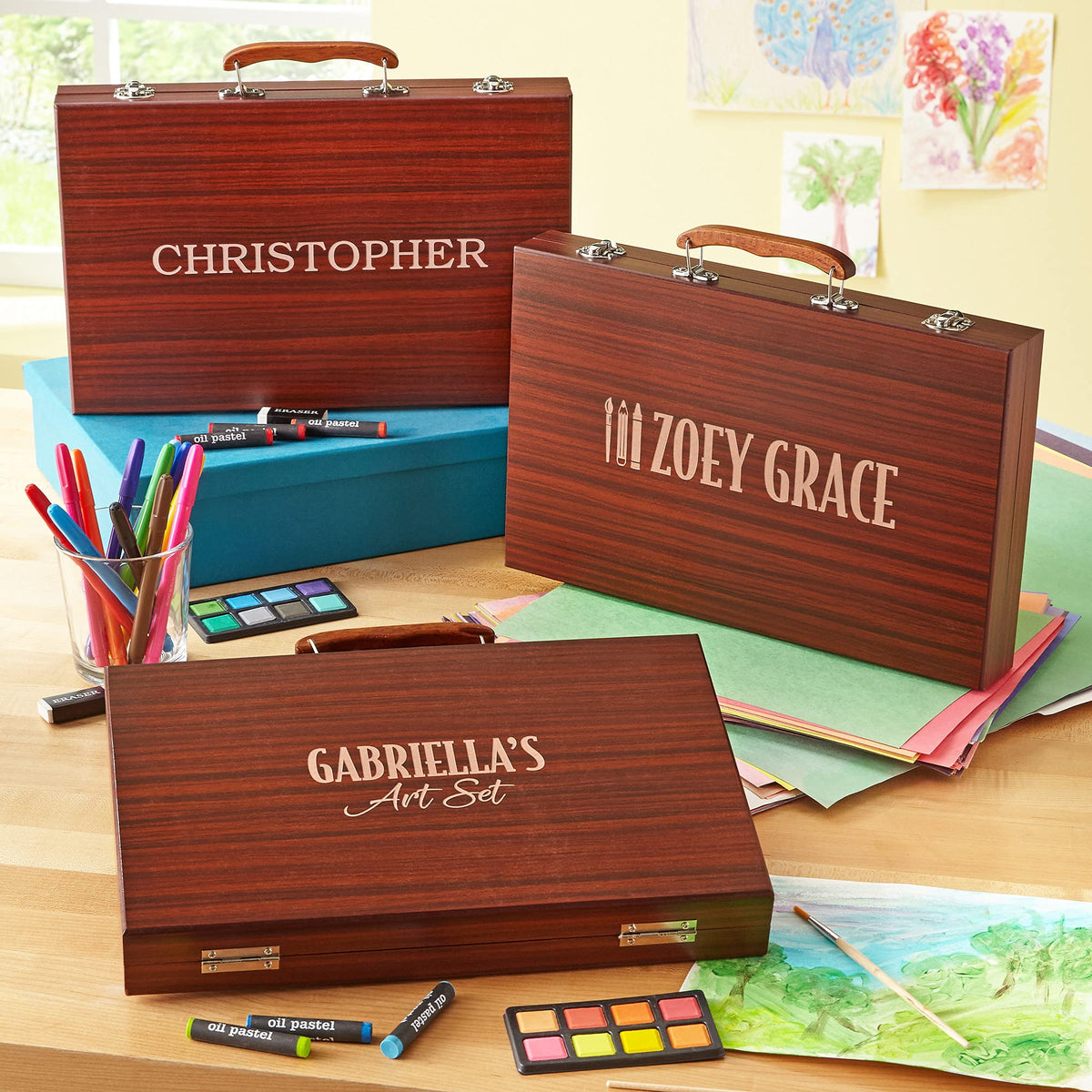 Let's Make Memories Personalized 80-Piece Deluxe Art Set - for Kids - Wood Carrying Case - Oil