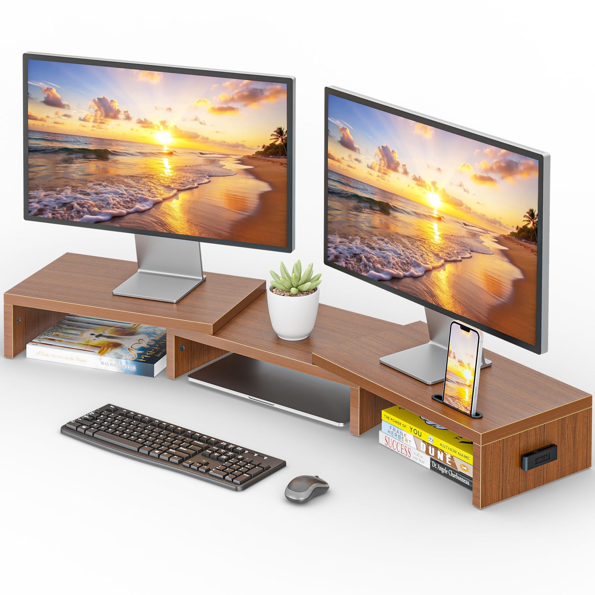 BONTEC Dual Monitor Stand Riser, Adjustable Length & Swivel Angle, Walnut