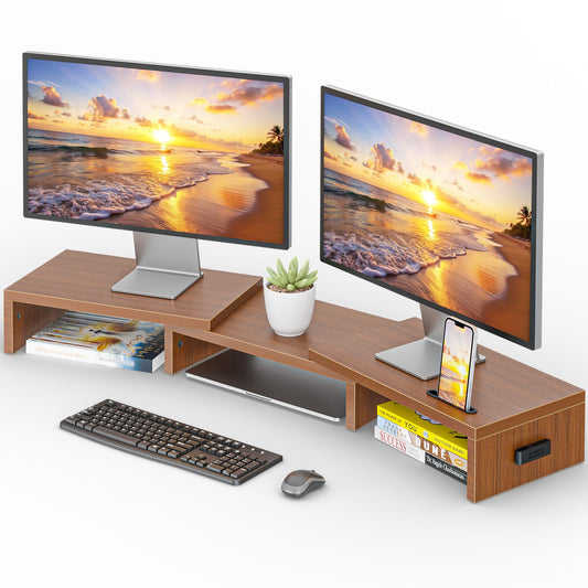 BONTEC Dual Monitor Stand Riser, Adjustable Length & Swivel Angle, Walnut