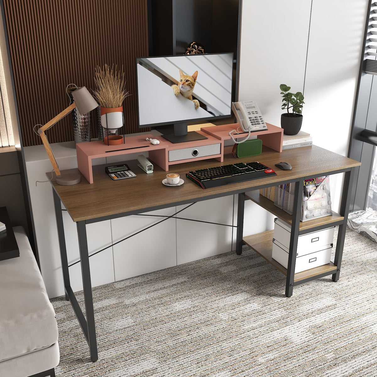 WESTREE Dual 3 Shelf Computer Riser with Drawer, Adjustable Length and Angle, Desktop 2 Monitor