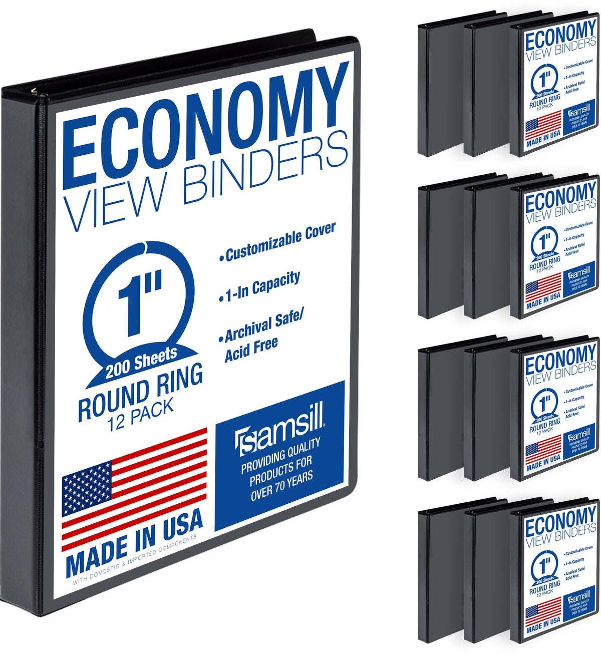Samsill 1 Inch 3 Ring Binders, Economy Round Ring, Clear View Cover, 200 Sheet Capacity - for