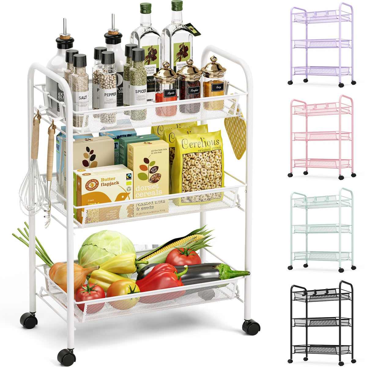 TOOLF 3 Tier Rolling Cart, Metal Utility Storage Cart with Wheels, White