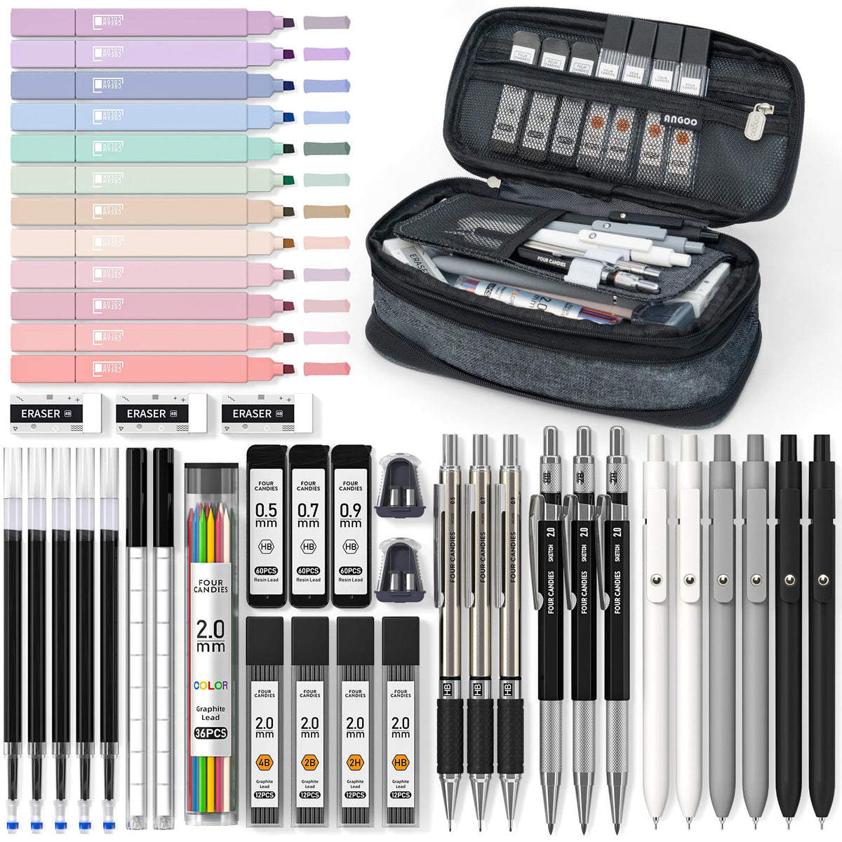Four Candies School Supplies with Pencil Case, 45ct Black