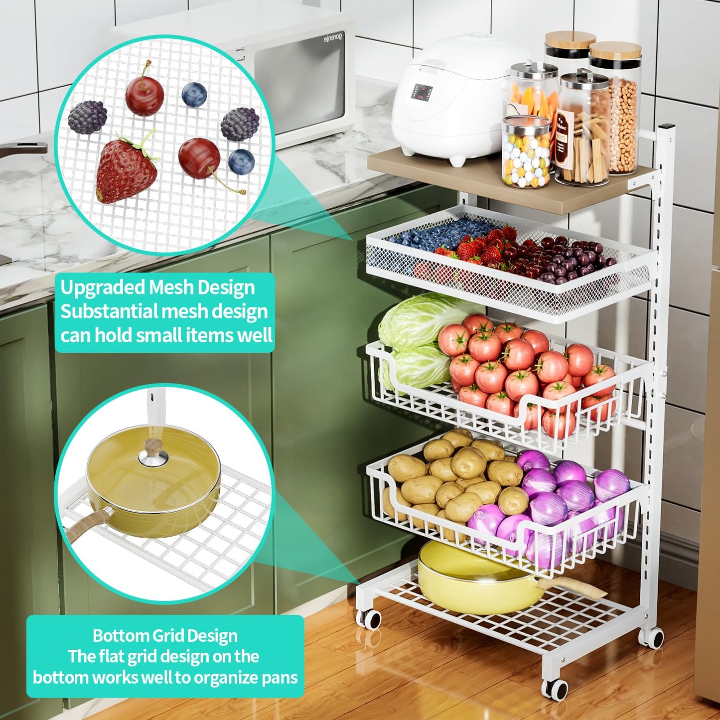 HapiRm Fruit Basket Kitchen Cart - 5 Tier Adjustable Vegetable Storage Rack, Large Capacity Rolling