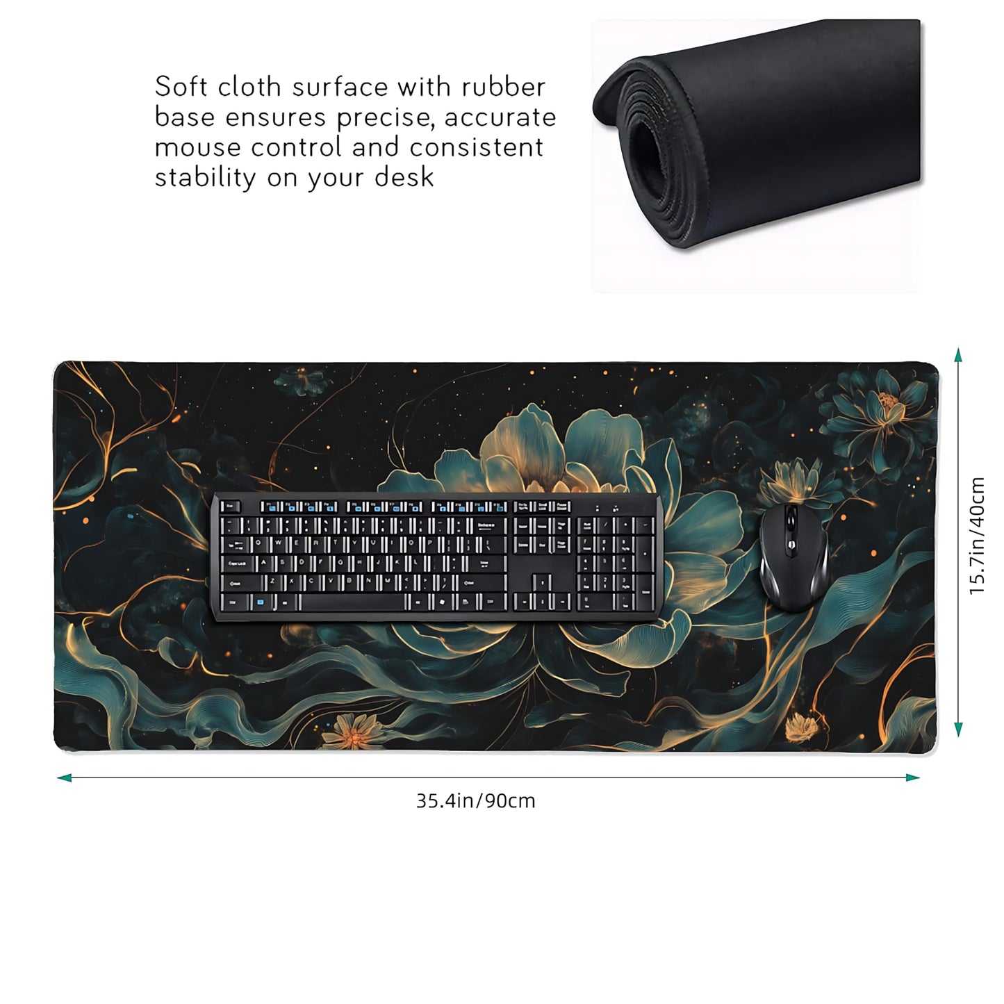 Floral Aesthetic Lotus Gaming Mouse Pad, Black Gold Chinoiserie Desk Mat with Anti-Slip Base &
