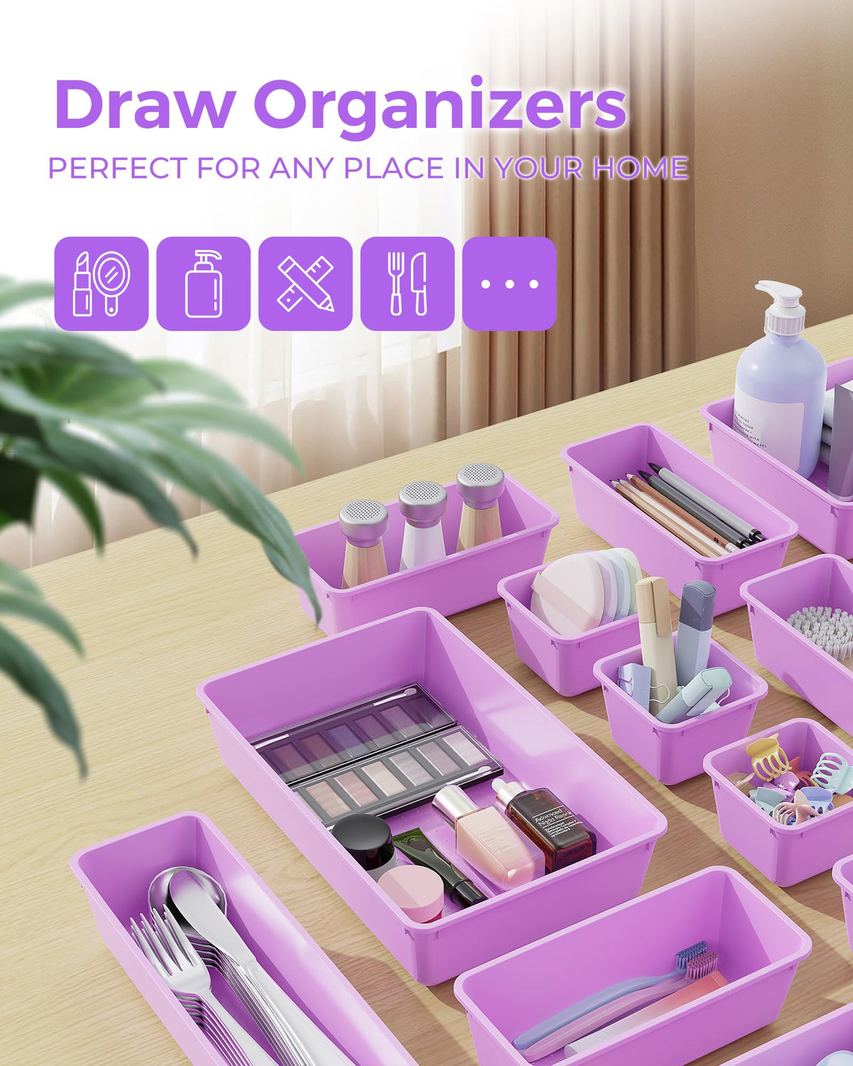 BiuLeon 25 PCS Plastic Drawer Organizers Set, 4-Sizes Vanity and Makeup Organizer, Desk and