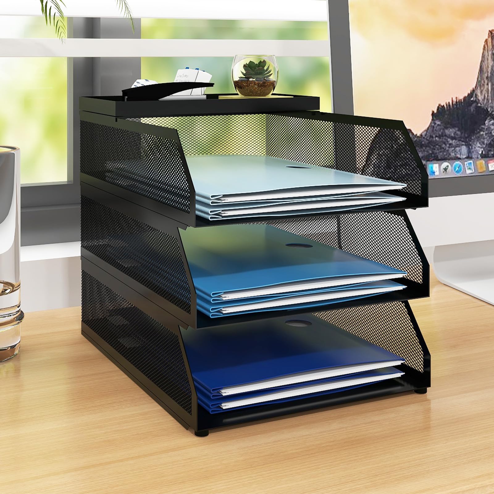 Natwind 3-Tier Stackable Metal Mesh Desk Paper Tray Organizer,Black