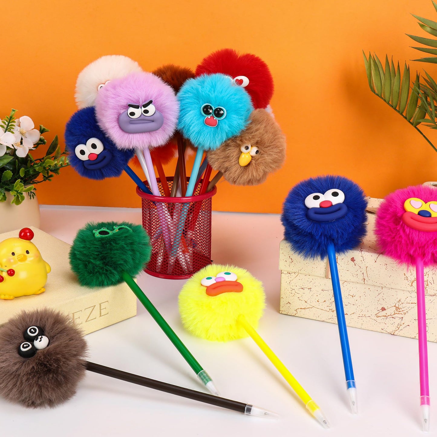 CZWZ 24 Pack Pom Pom Pens Fluffy Cute Pens - Funny Emoji Face Kawaii Plush Novelty Gel Ink Pens