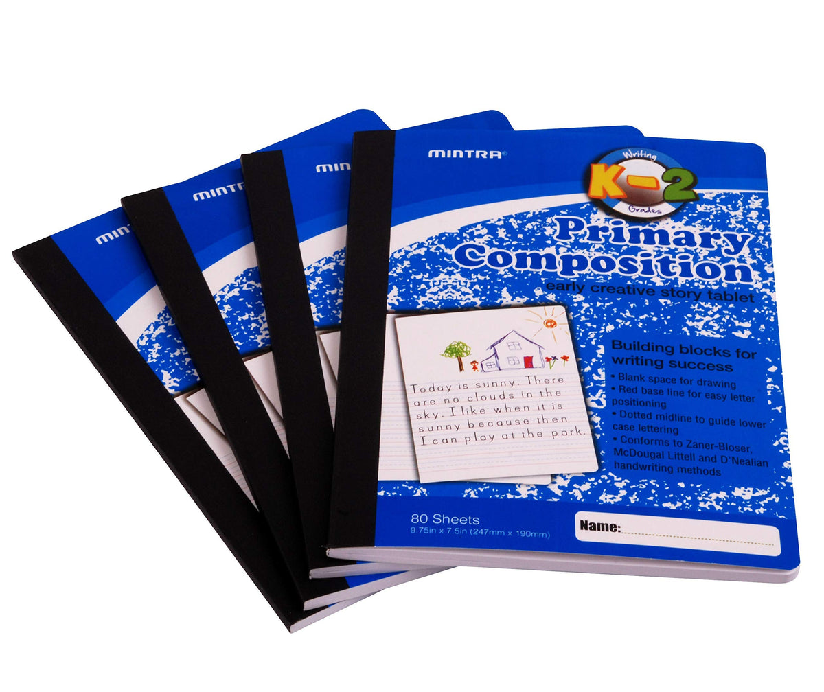 Mintra Primary Composition Notebook, 4 Pack, Blue Cover, 80 Sheets, 7.5in x 9.75in, 1/2 Sheet