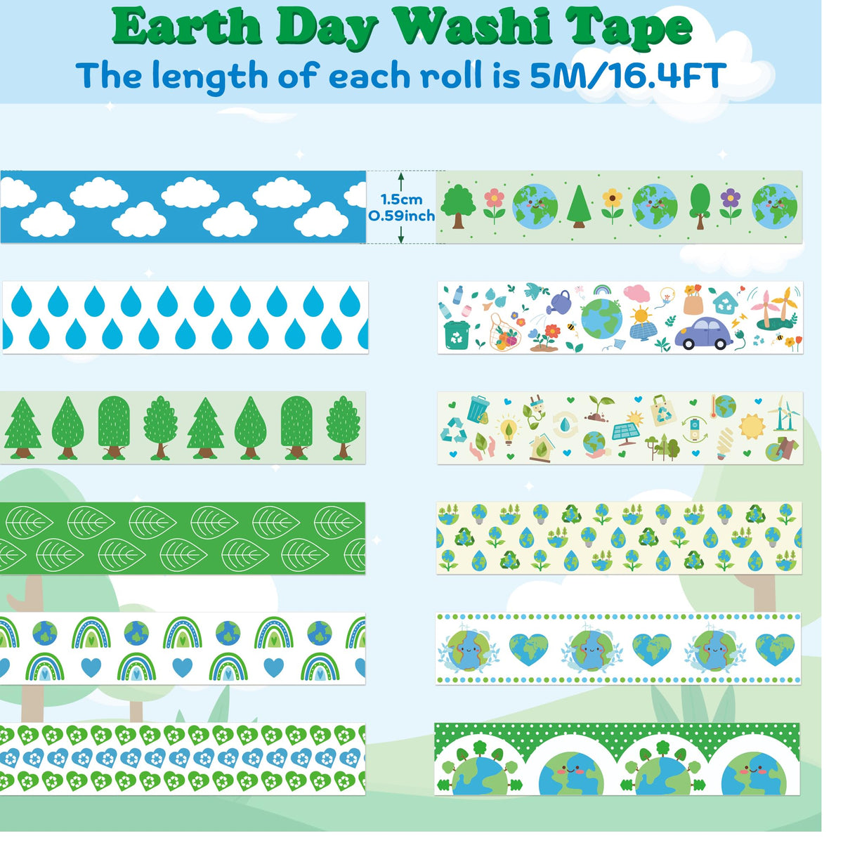 BkeeCten 12 Rolls Eco-Friendly Tree Raindrop Rainbow Scrapbook Washi Tape