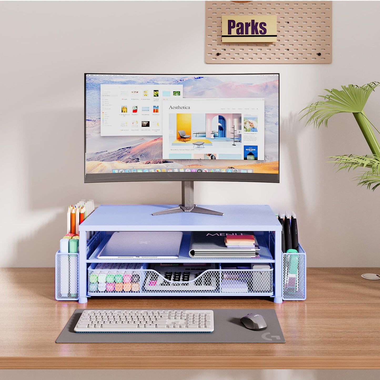 OPNICE Desk Organizers and Accessories, Computer Monitor Stand Riser with Drawer and 2 Pen Holders