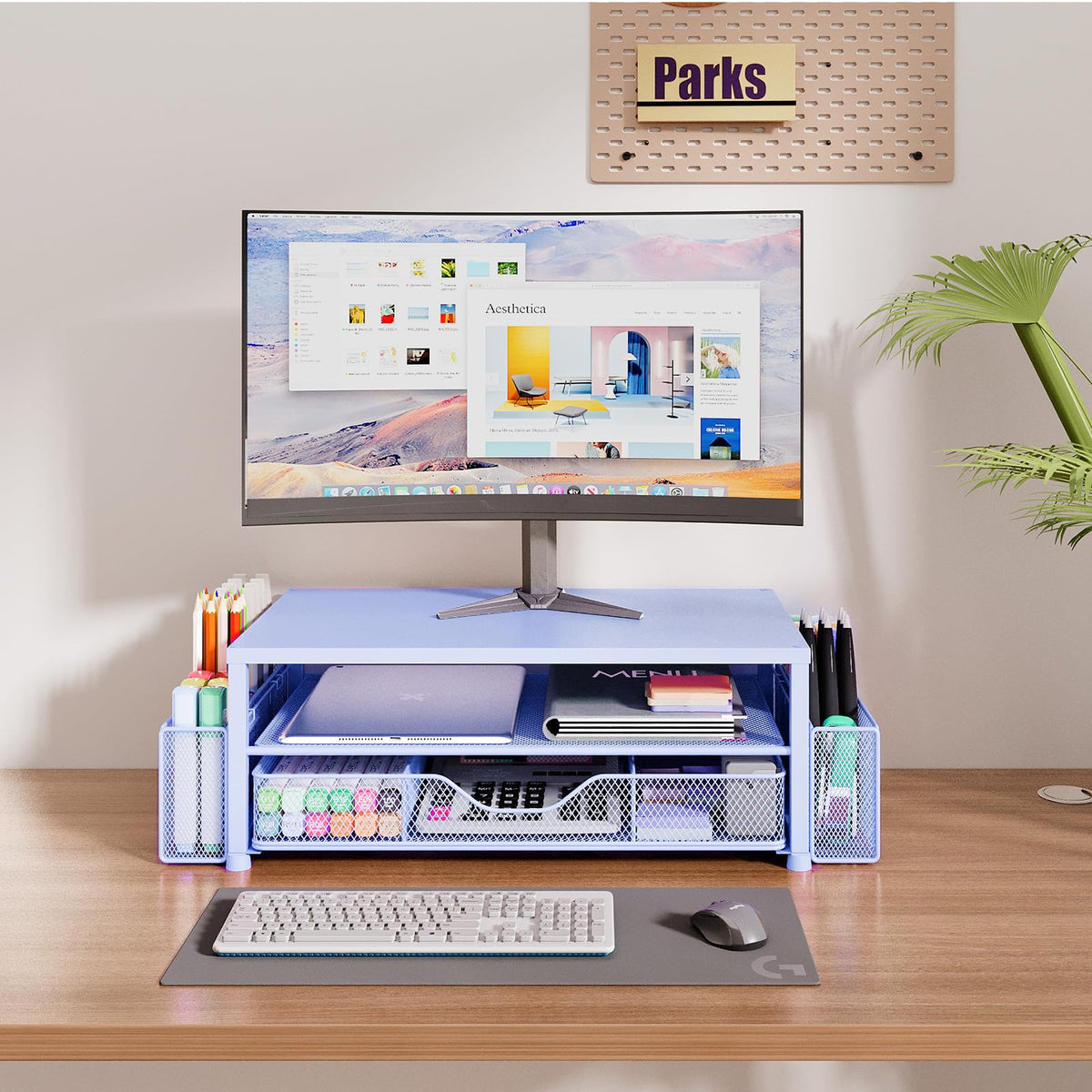 OPNICE Desk Organizers and Accessories, Computer Monitor Stand Riser with Drawer and 2 Pen Holders