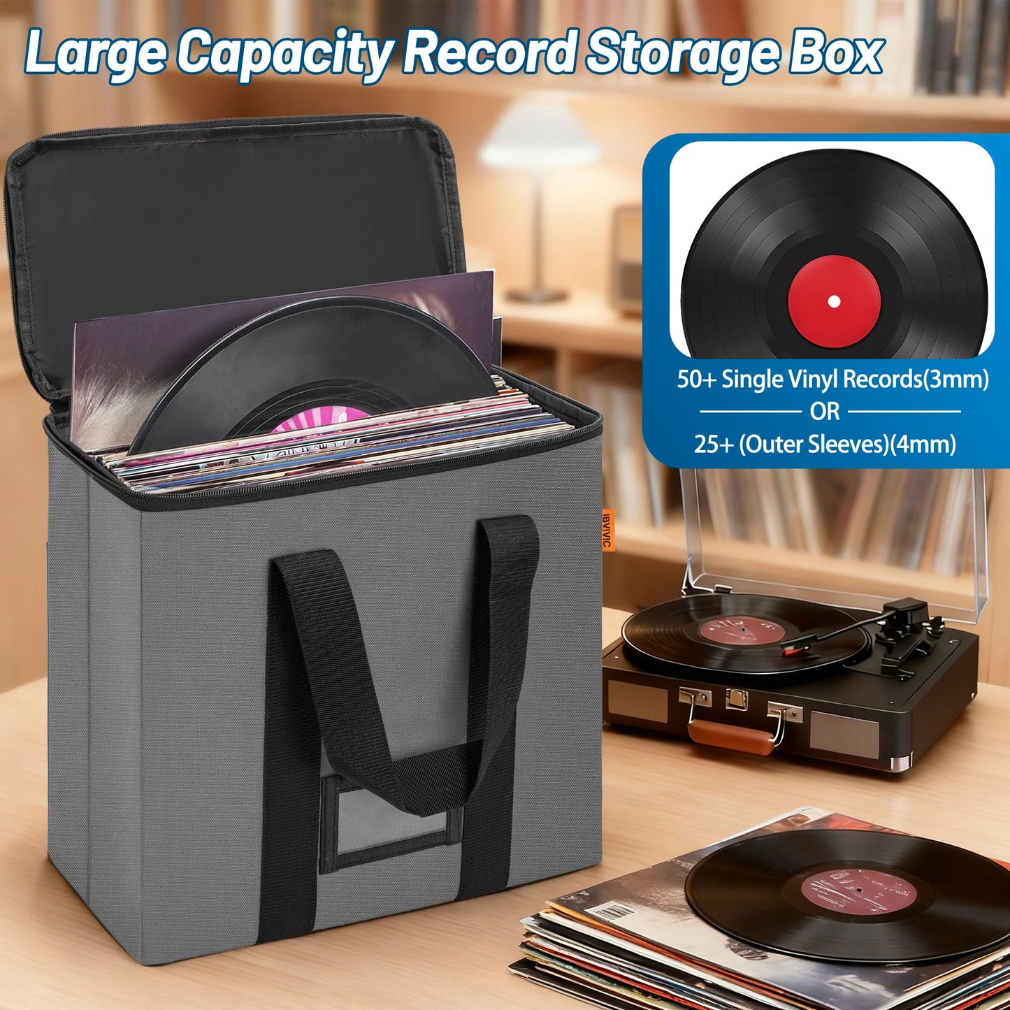 Vinyl Record Storage Box, Record Organizer Storage Bag Stores 35-50 LPs