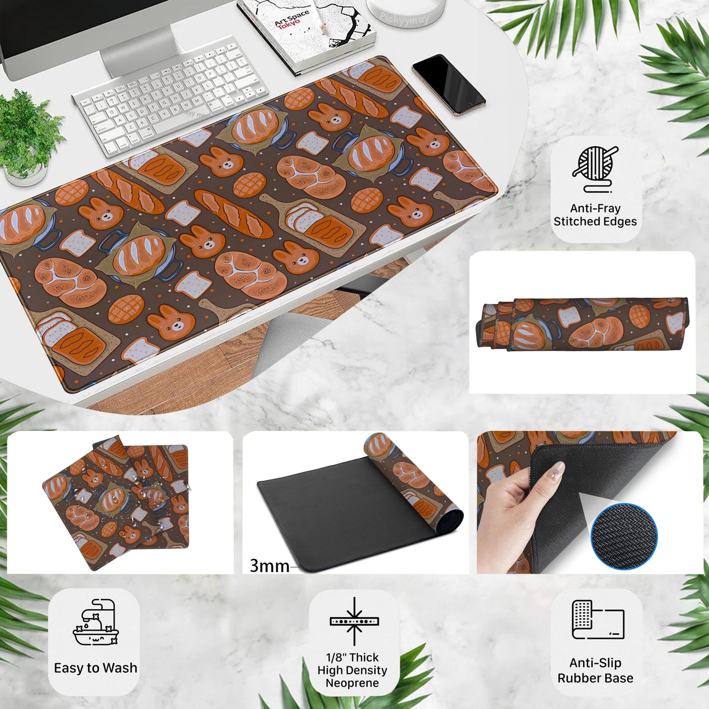 Kawaii Desk Mat Cute Mouse Pad Large Gaming Desk Pad, Bunny Bread Keyboard Mat Extended, Full
