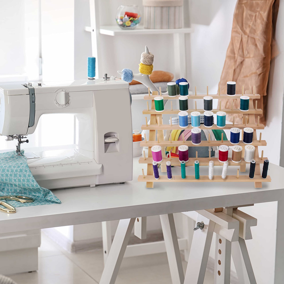 US Art Supply Premium 60-Spool Thread Holder: Wooden Sewing & Embroidery