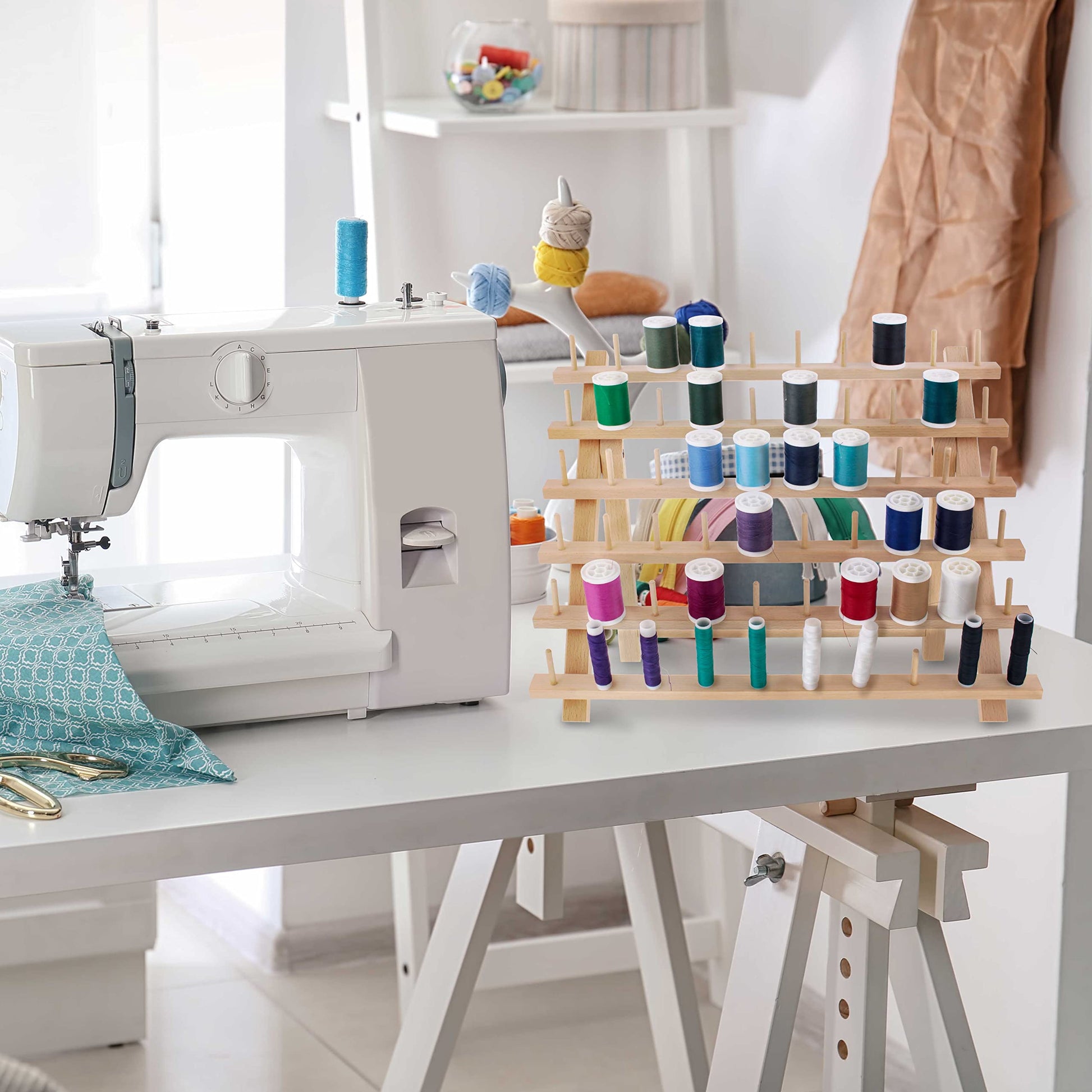 US Art Supply Premium 60-Spool Thread Holder: Wooden Sewing & Embroidery