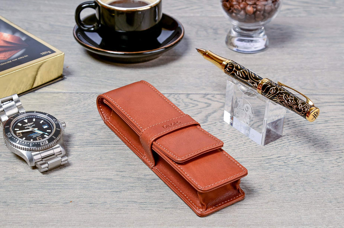 DiLoro Leather Double Pen Case Pencil Pouch Holder for Two Fountain Pens Ballpoint Rollerball and