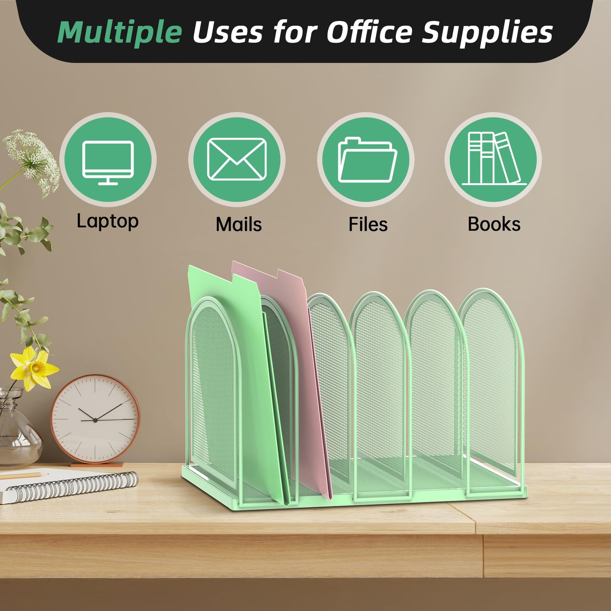 5-Section File Organizer for Desk, Metal File Folder Holder, Mint Green
