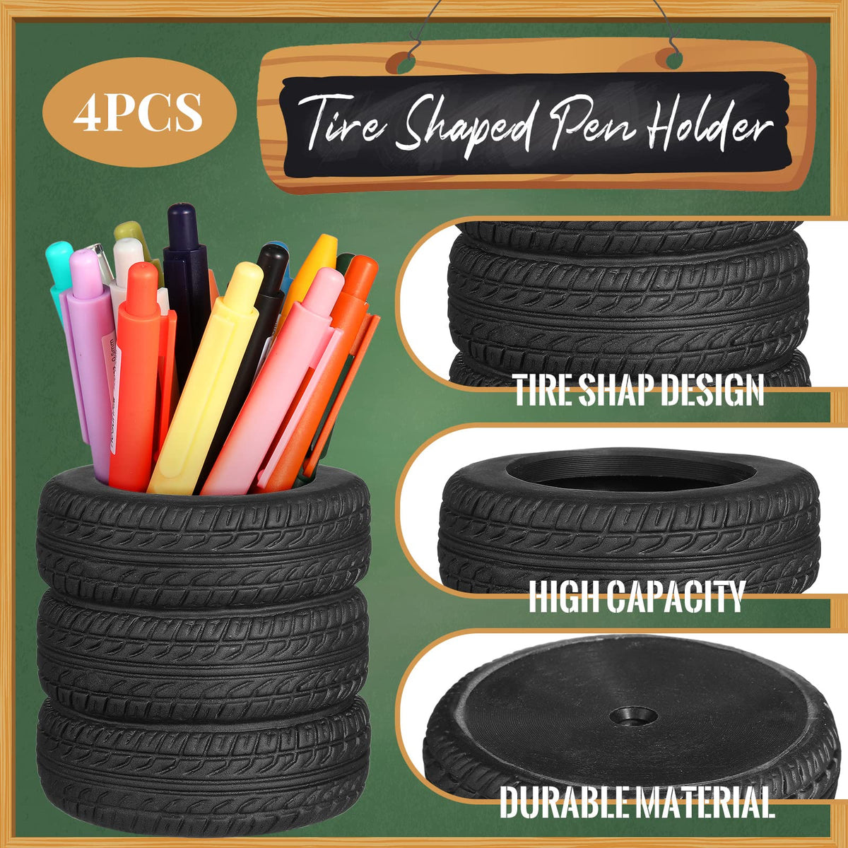 Crtiin 4 Pcs Tire Shaped Pen Holder, Car Tire Pencil Holder Organizer