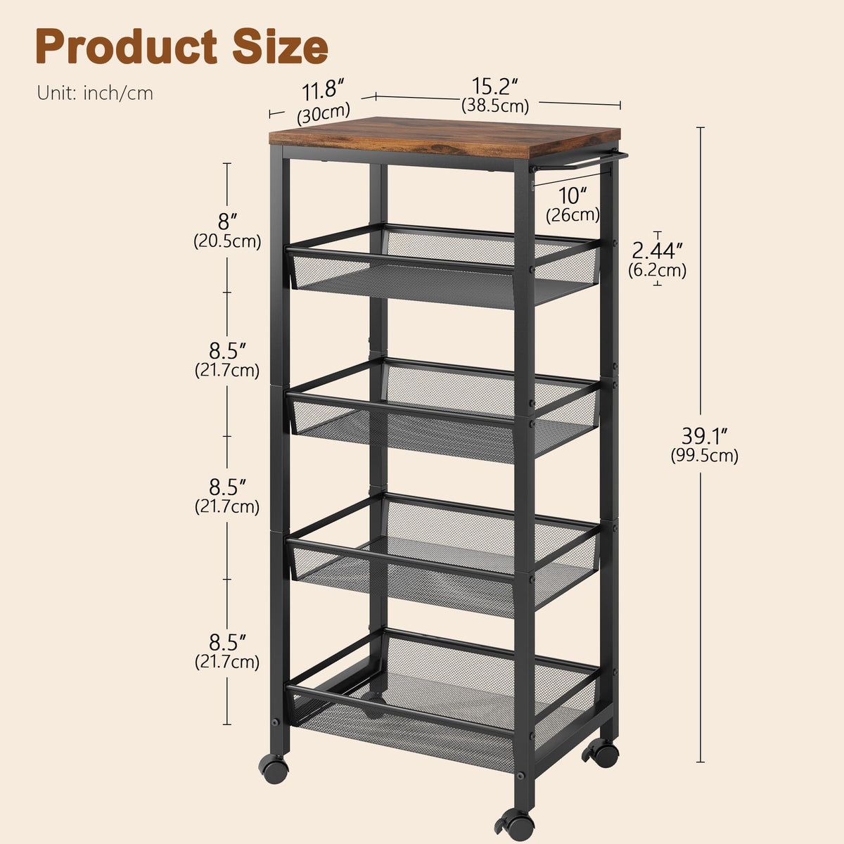 Hoctieon Rolling Storage Cart, 5-Tier 11.8" Wide Panel Kitchen Storage Cart, Utility Carts with
