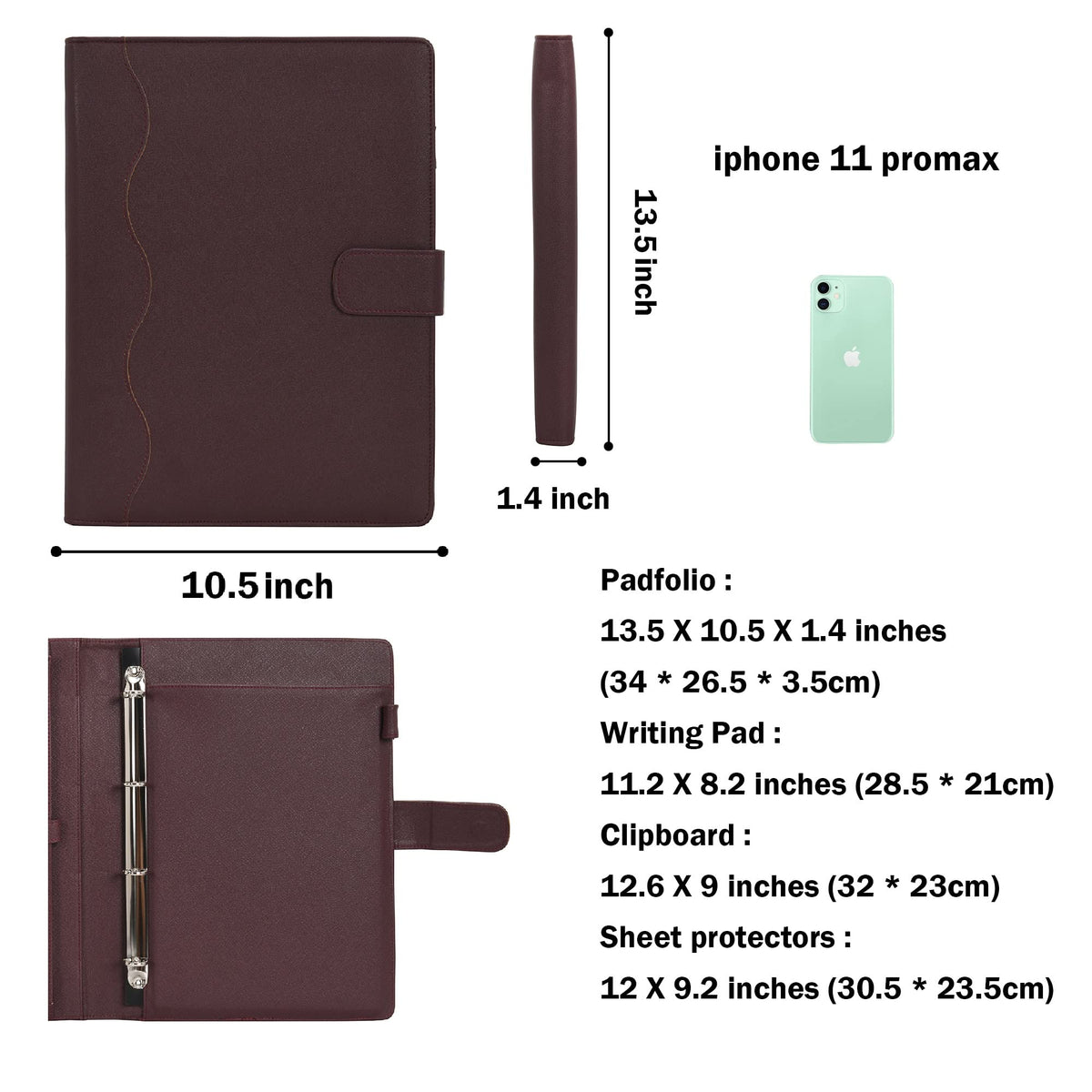 Wonderpool A4 PU Leather 3 & 4 Ring Holder Writing Portfolio Multi Document Case with Removable
