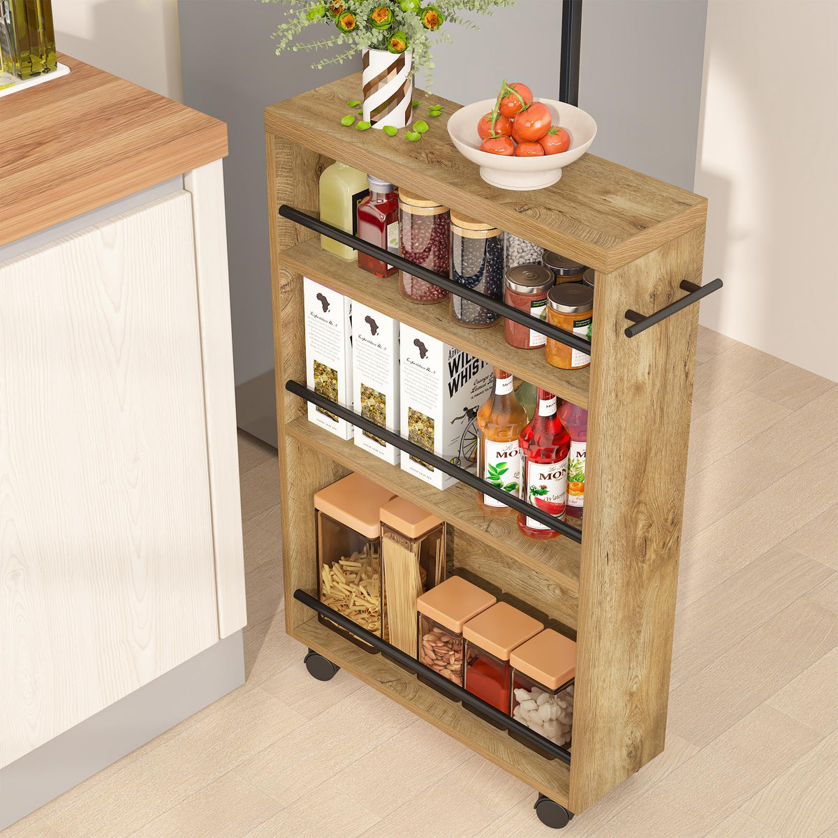 Tribesigns Slim Storage Cart, Rolling Narrow Kitchen Cart on Wheels for Small Place, 4-Tier Slide