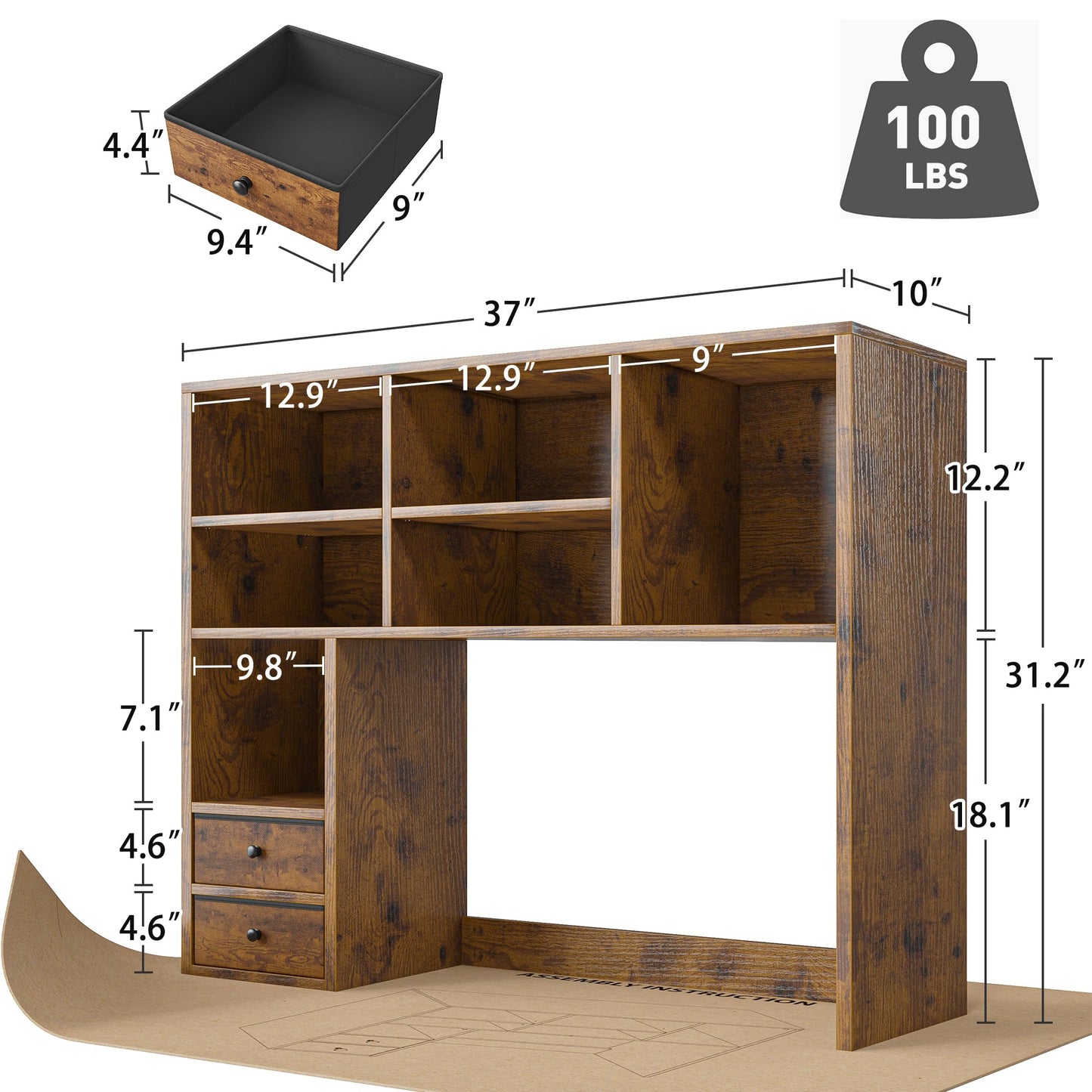 REIBII Desktop Bookshelf, 8 Shelves Desk Hutch for Dorm Room, Rustic Brown