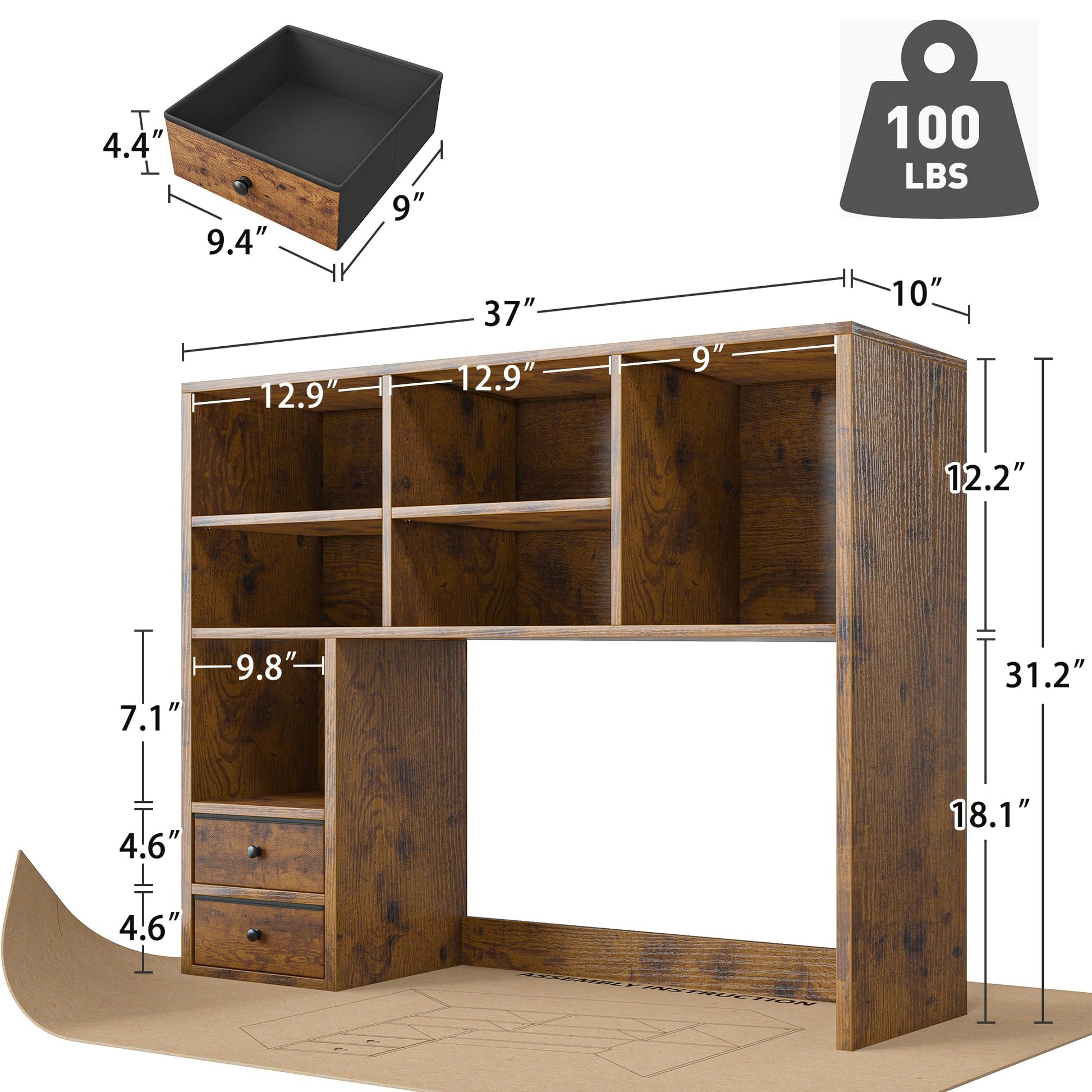 REIBII Desktop Bookshelf, 8 Shelves Desk Hutch for Dorm Room, Rustic Brown