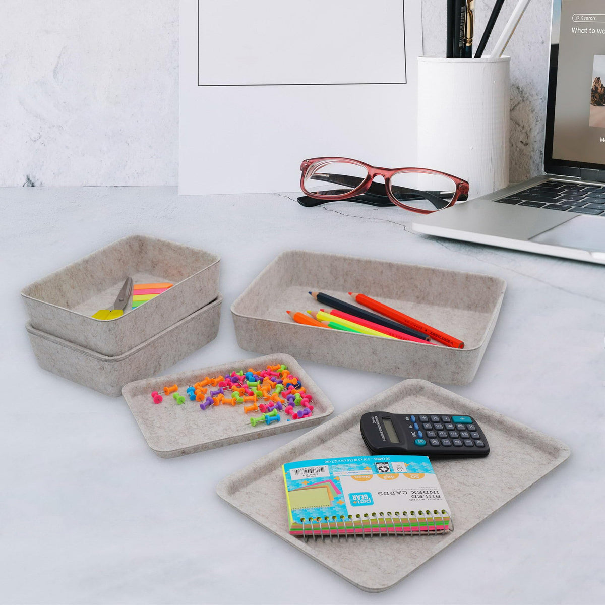 Welaxy Oatmeal Lidded Felt Drawer Organizers 3pc Office Makeup Storage Box