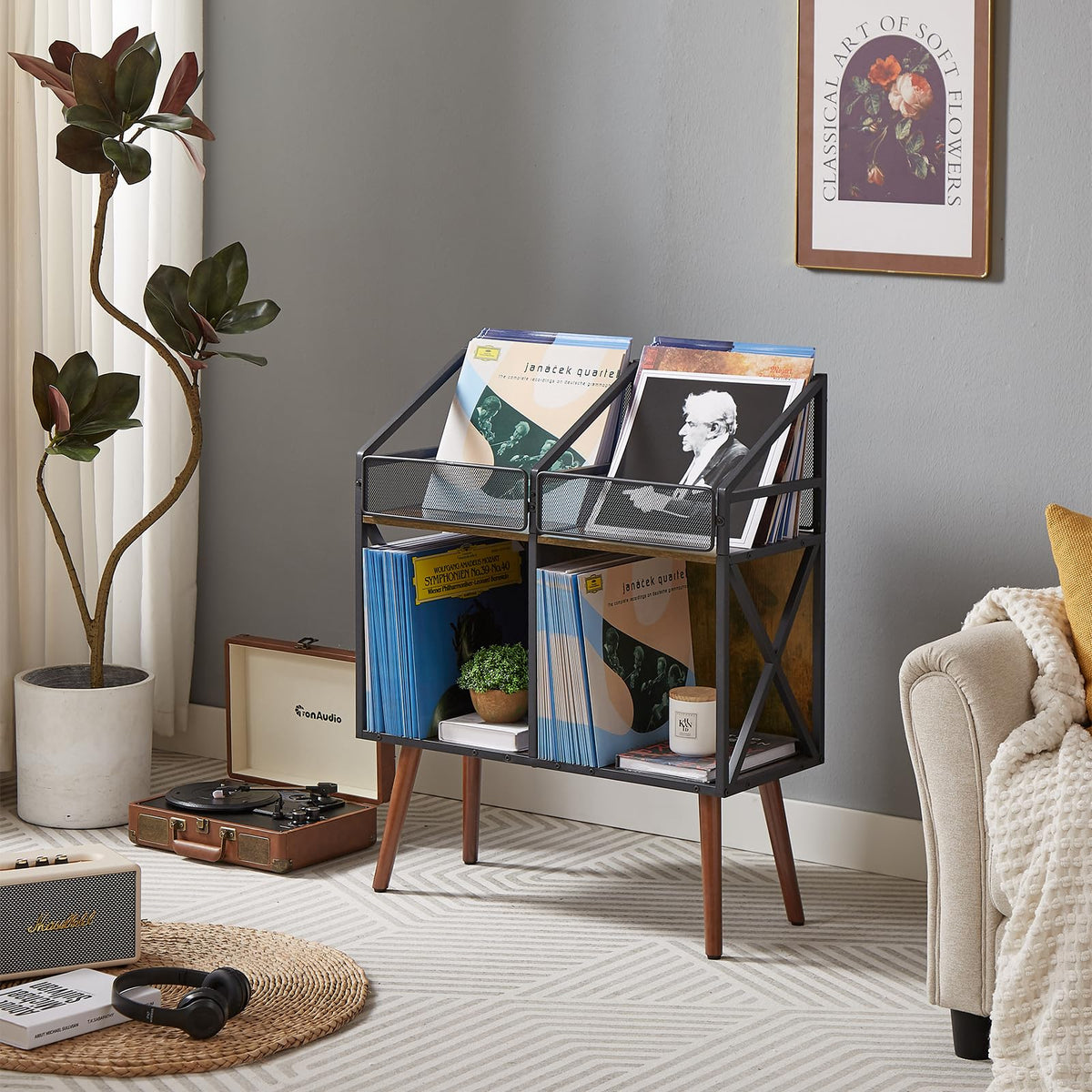 EYOCAL Vinyl Record Storage Holder Rack,250 LP Wooden Record Display Table for Albums Books
