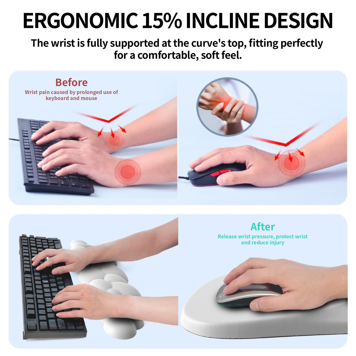 ANGKOYT Ergonomic Mouse Pad and Keyboard Rest, 2 in 1 Cloud Wrist Rest + Cloud Mouse Pad, Non-Slip