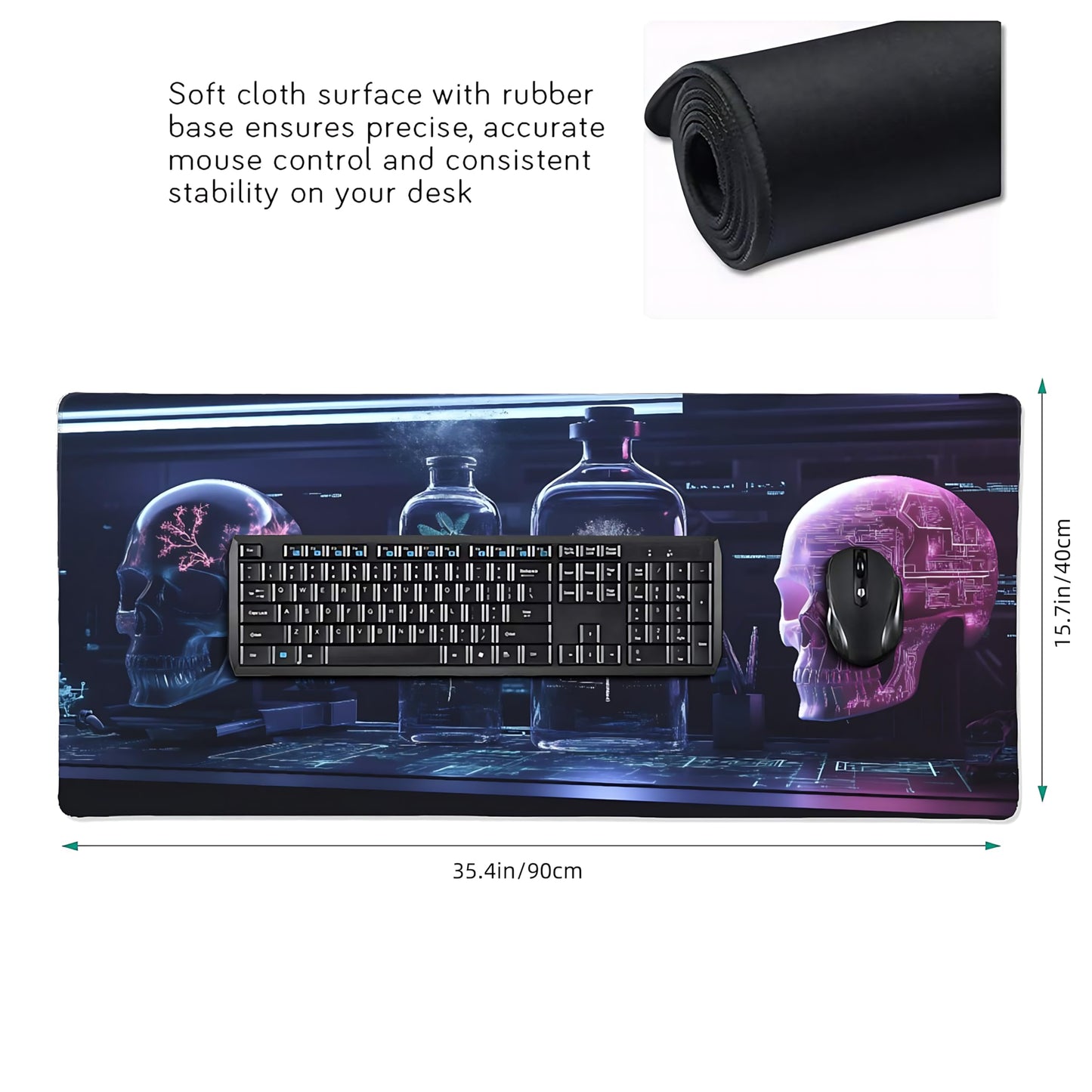 Aesthetic Skull Gaming Mouse Pad, Purple Cyber Desk Mat with Anti-Slip Base & Stitched Edges,35.4"