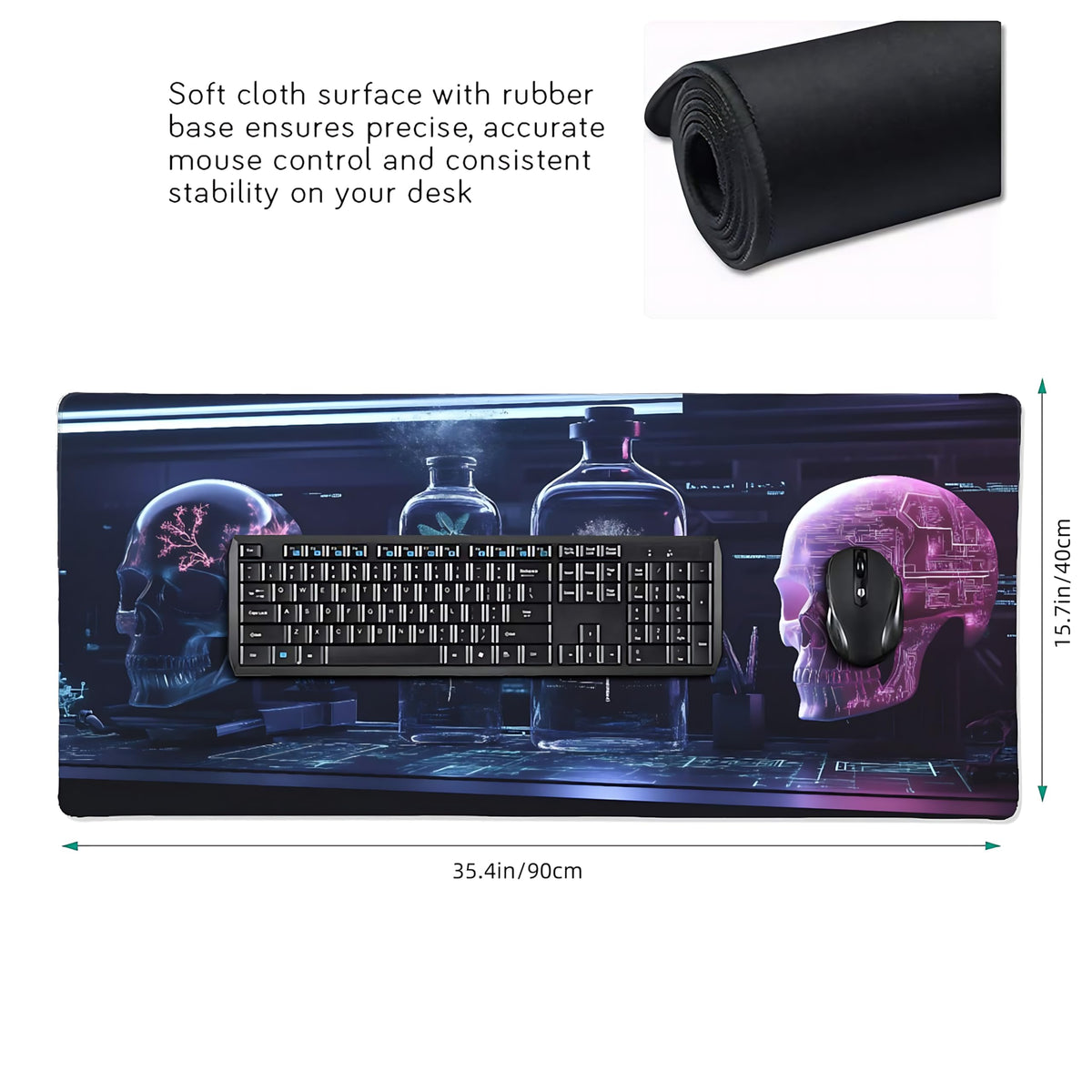 Aesthetic Skull Gaming Mouse Pad, Purple Cyber Desk Mat with Anti-Slip Base & Stitched Edges,35.4"