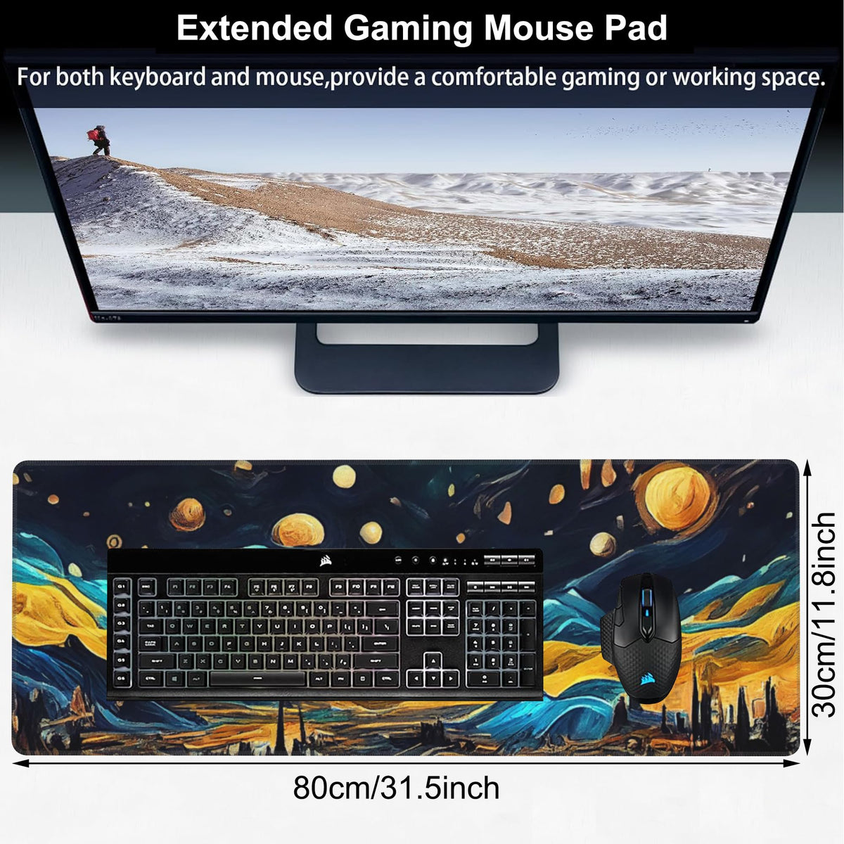 The Starry Night Desk Mat,Large Vincent Van Gogh Oil Painting Gaming Keyboard Mouse Pad,Non-Slip