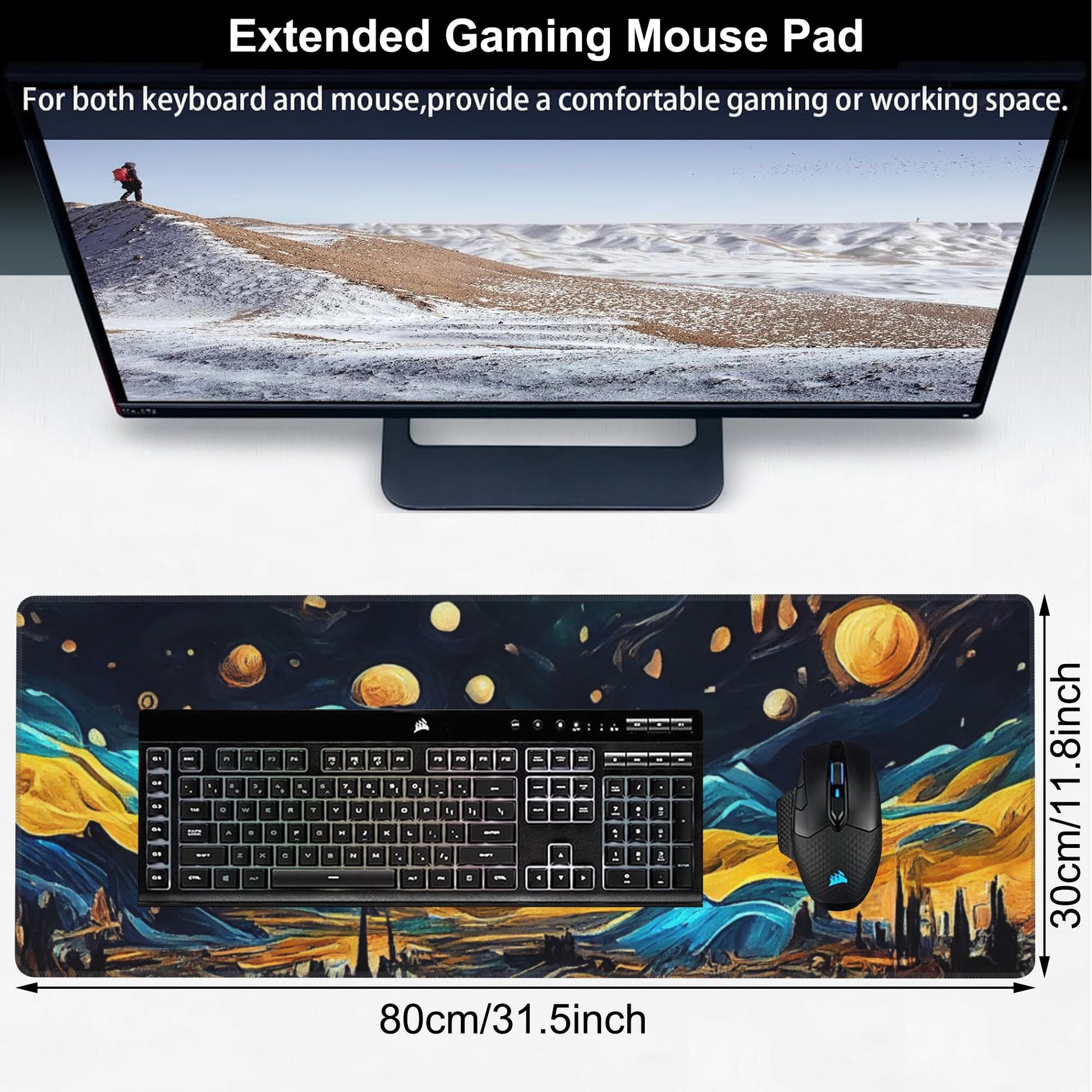 The Starry Night Desk Mat,Large Vincent Van Gogh Oil Painting Gaming Keyboard Mouse Pad,Non-Slip