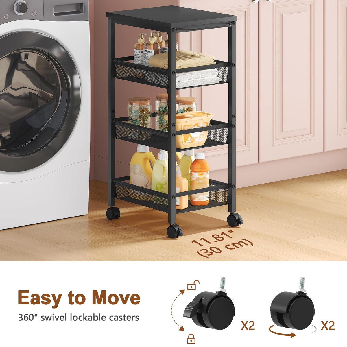 Hoctieon Rolling Storage Cart, 4-Tier 11.8" Wide Panel Rolling Kitchen Storage Cart, Utility Carts