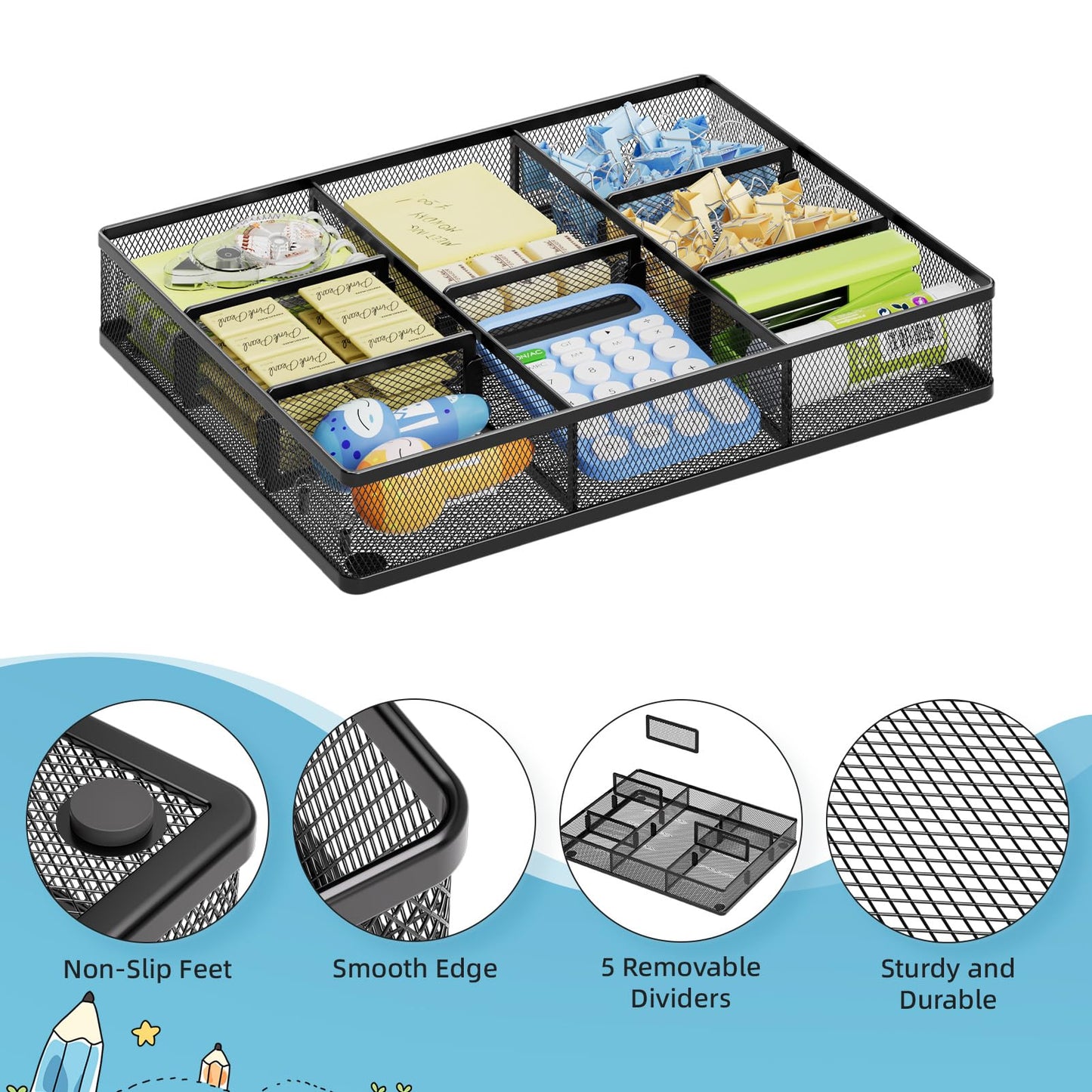 Marbrasse Desk Drawer Organizer, Metal Mesh Drawer Organizer Tray with 5 Adjustable