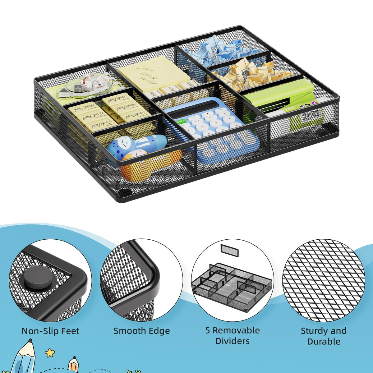 Marbrasse Desk Drawer Organizer, Metal Mesh Drawer Organizer Tray with 5 Adjustable