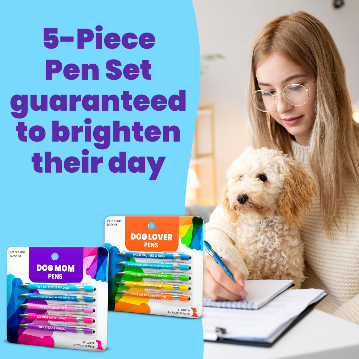 Funny Dog Mom+Lover Gift Pen Set, 5 Black Ink Ballpoint Pens, Stylus Tip