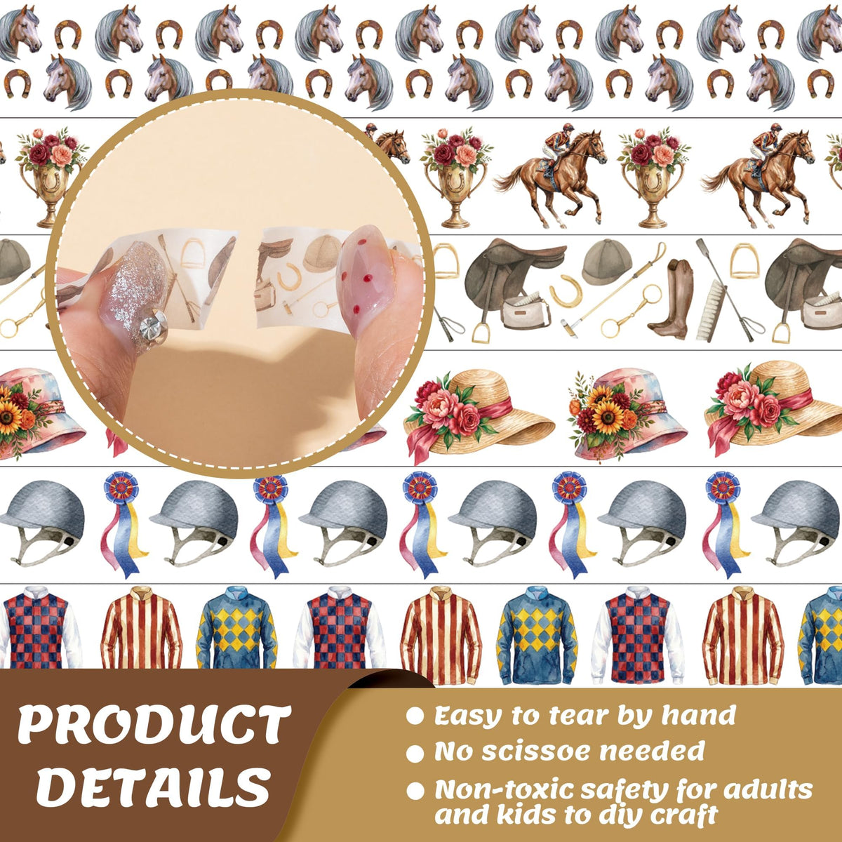 BkeeCten Kentucky Derby Washi Tape - 12 Rolls Horse Racing Silhouette Jockey Silk Bridle Scrapbook