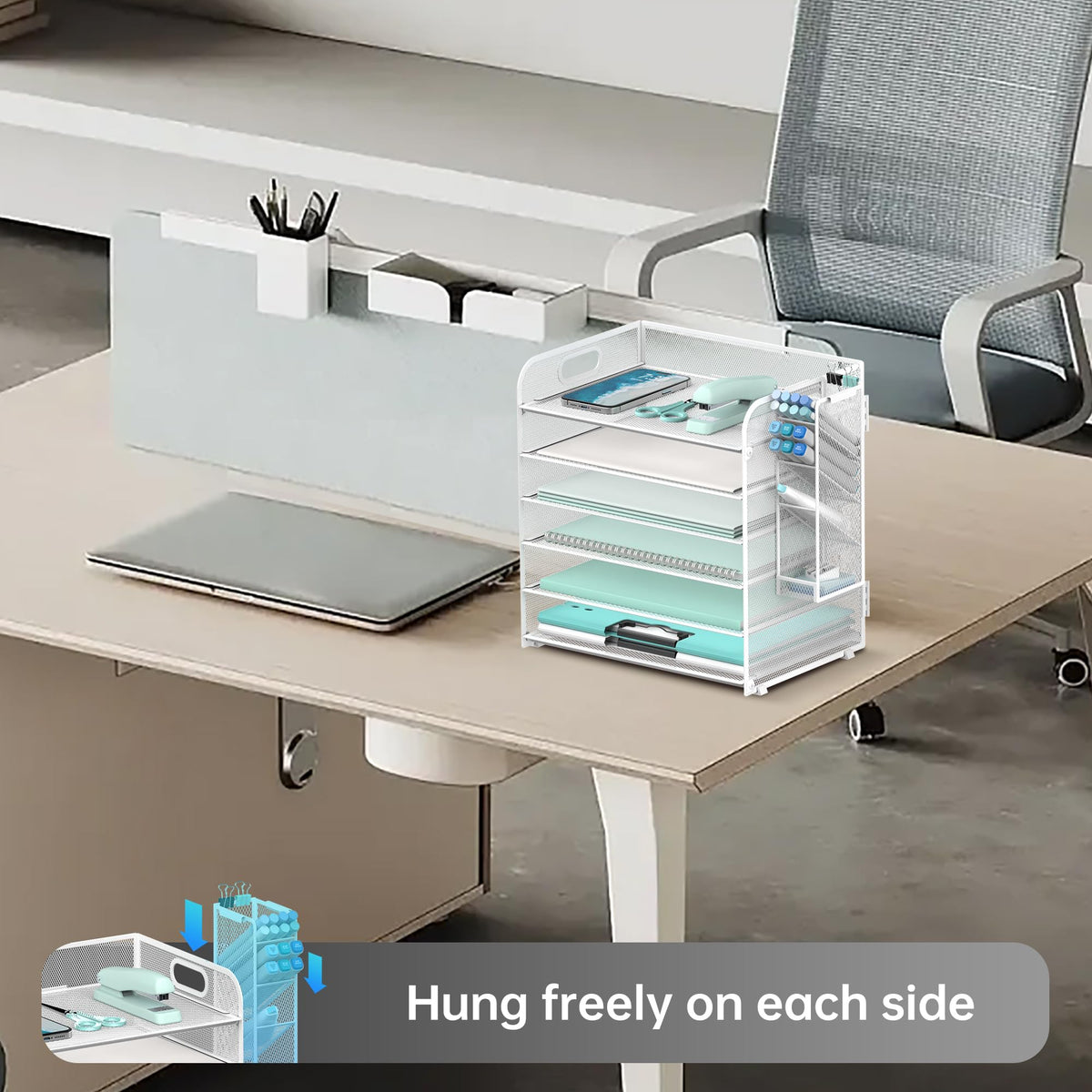 Supeasy 6 Tier Desk Organizer with 4 Pen Holders & Mesh Paper Trays White