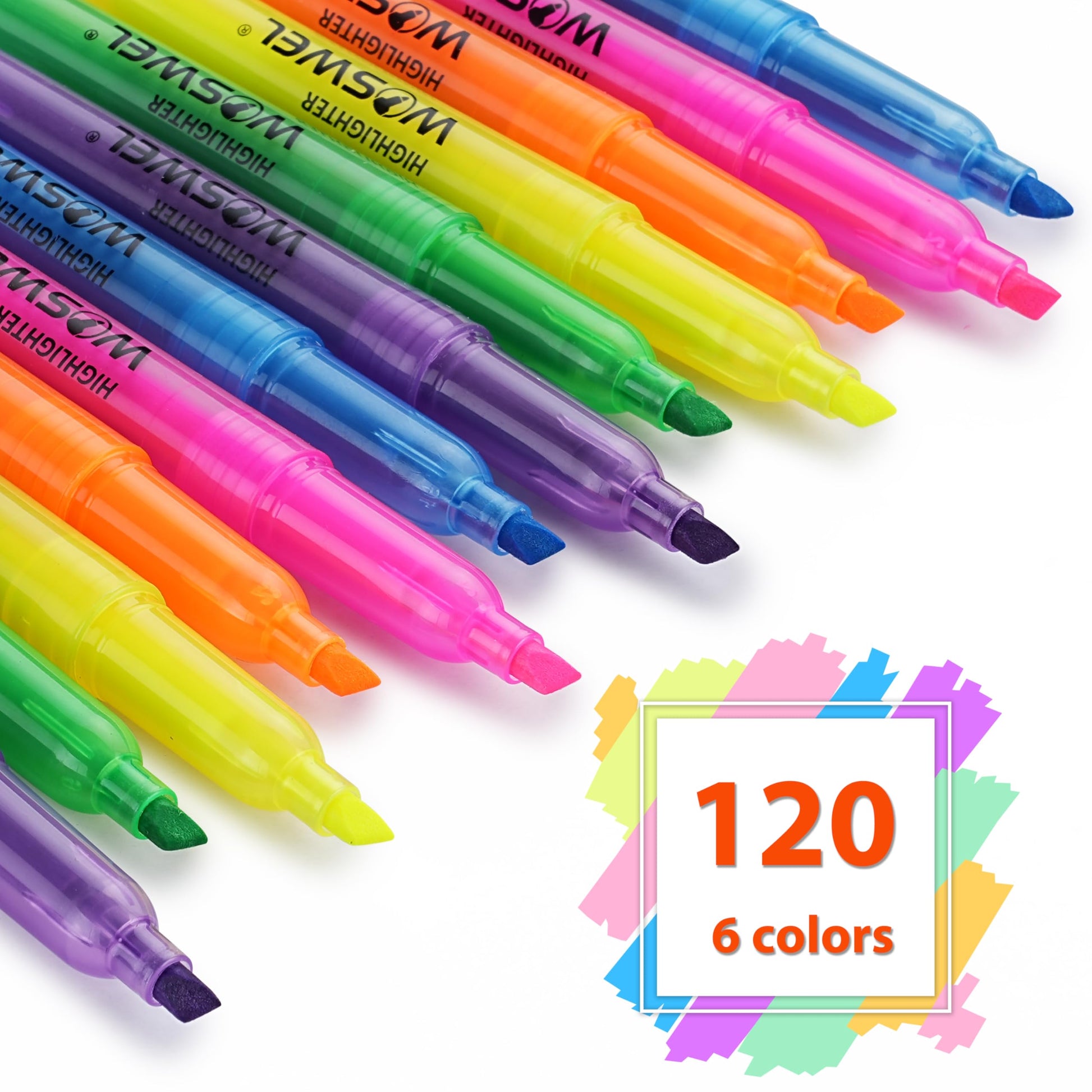 WOSWEL Highlighters Bulk, 120 Pack 6 Assorted Colors No Bleed Chisel Tip Highlighter Markers