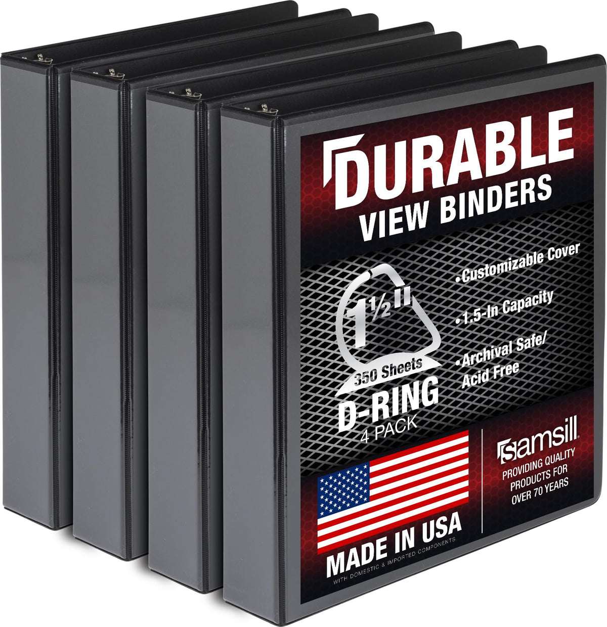 Samsill Durable 1.5 inch 3 Ring Binder, D Ring Binder, 100% Recycled Chipboard, Black, 4 Pack