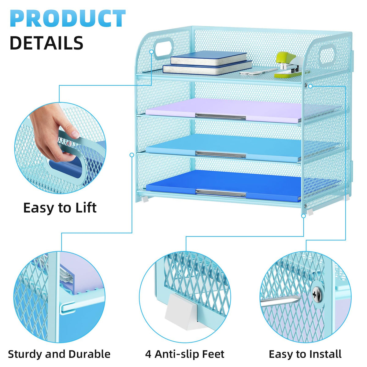 Marbrasse 4 Tier Paper Organizer Letter Tray - Mesh Desk File Organizer with Handle, Paper Sorter