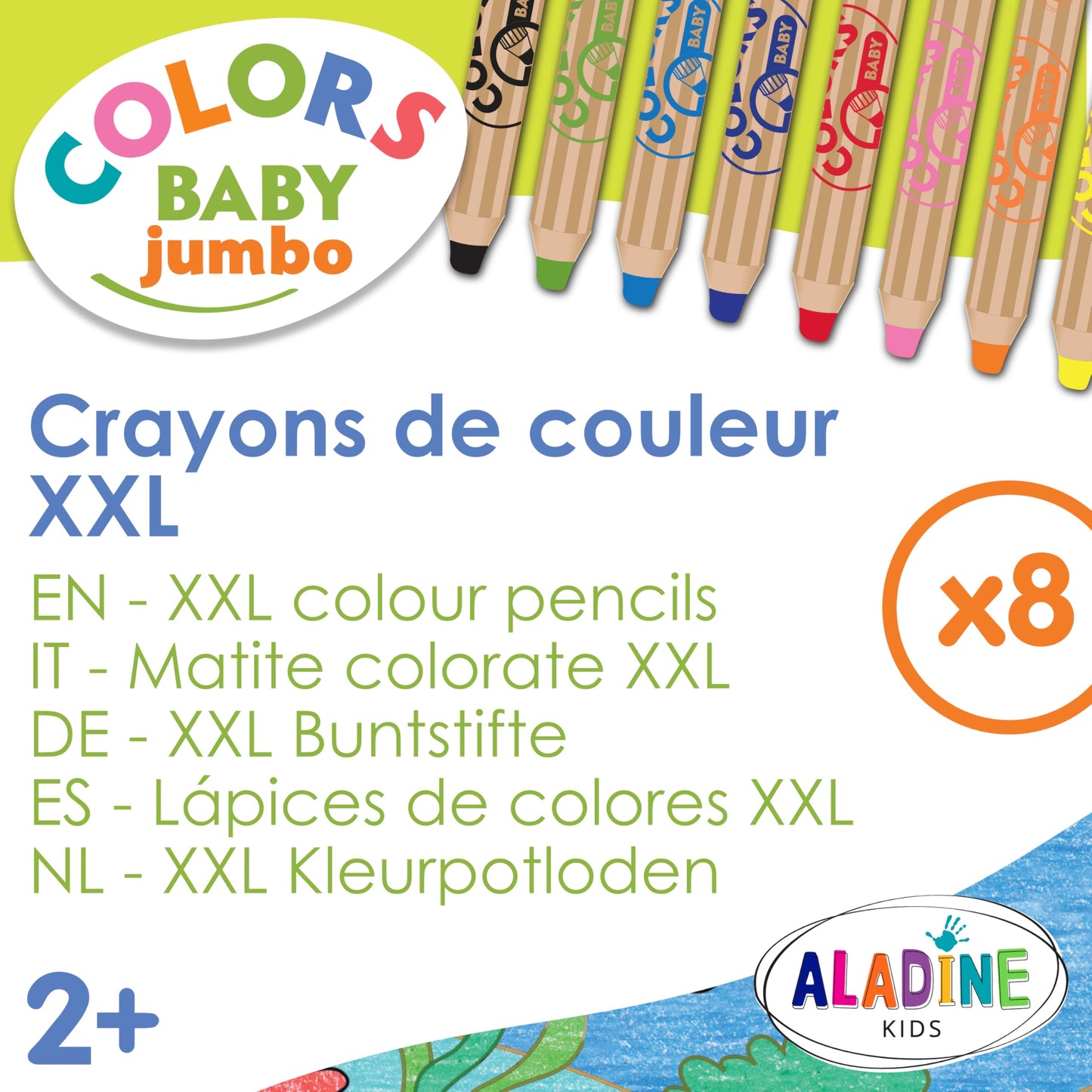 Aladine - Baby Jumbo Colors - Set of 8 Colour Pencils - Soft and Washable Trace - Easy to Handle