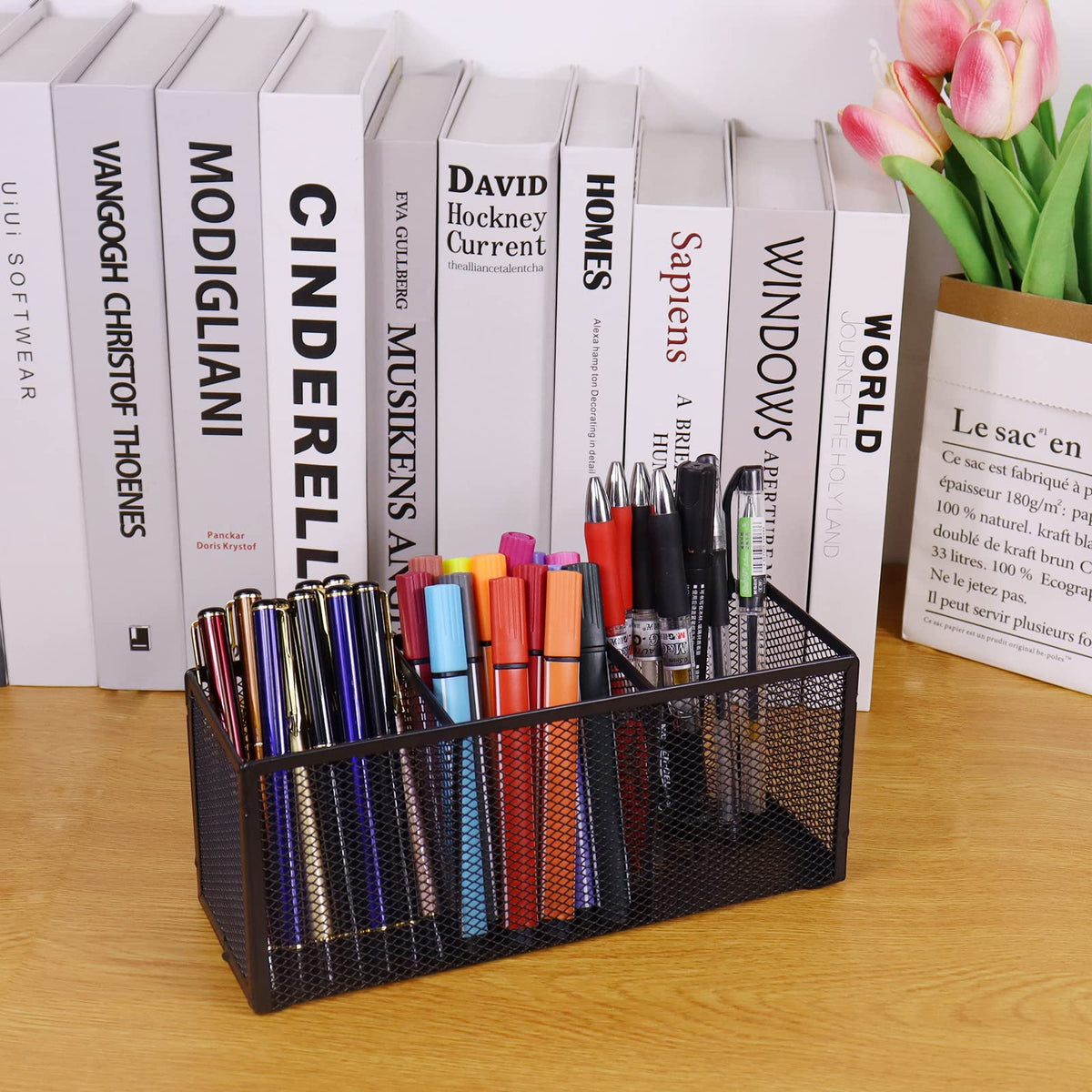 Flytreal 2PCS Black Mesh Pen Pencil Holder, Small Metal Desk Organizer Desktop Stationery Office